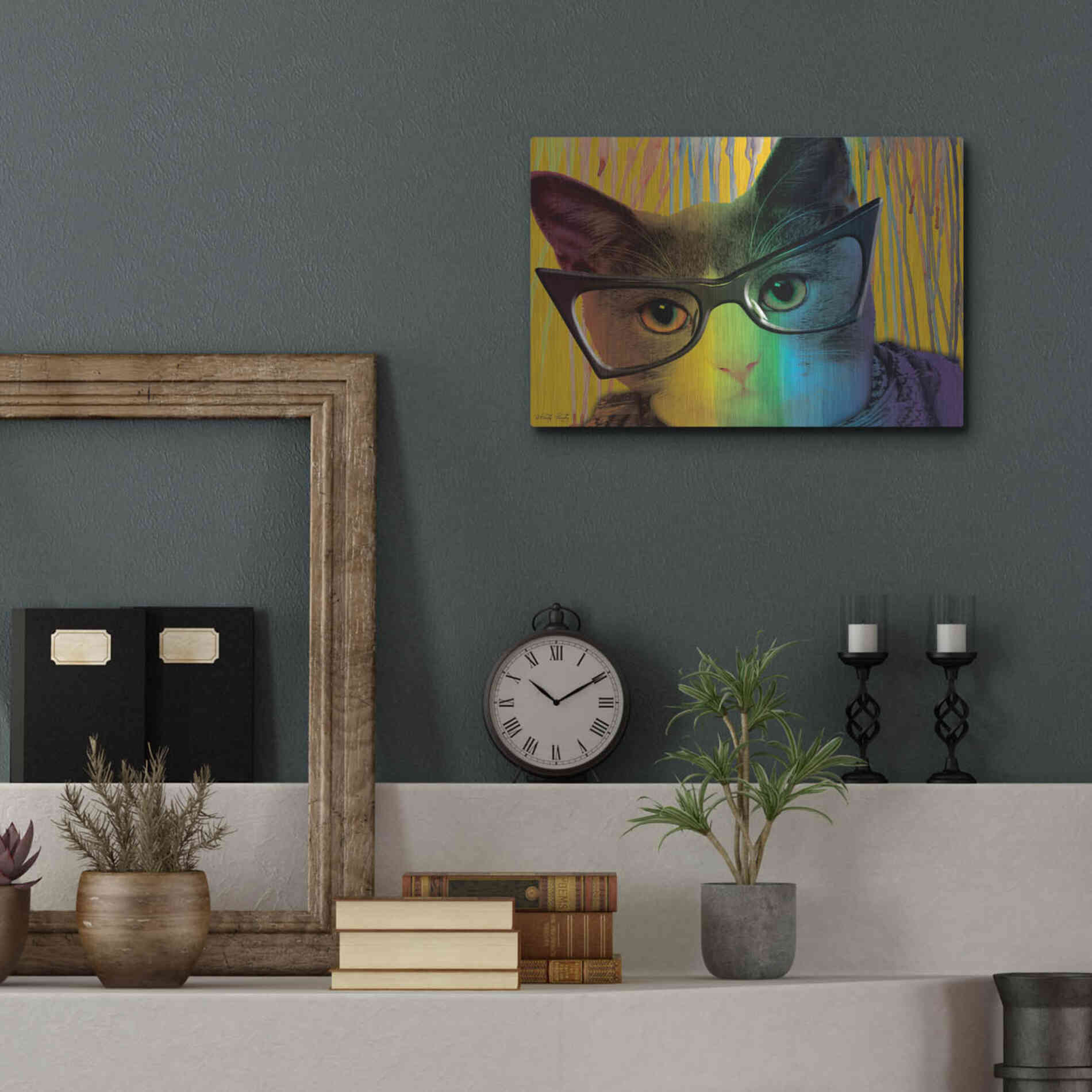 Luxe Metal Art 'Cat in Glasses' by Cindy Jacobs, Metal Wall Art,16x12