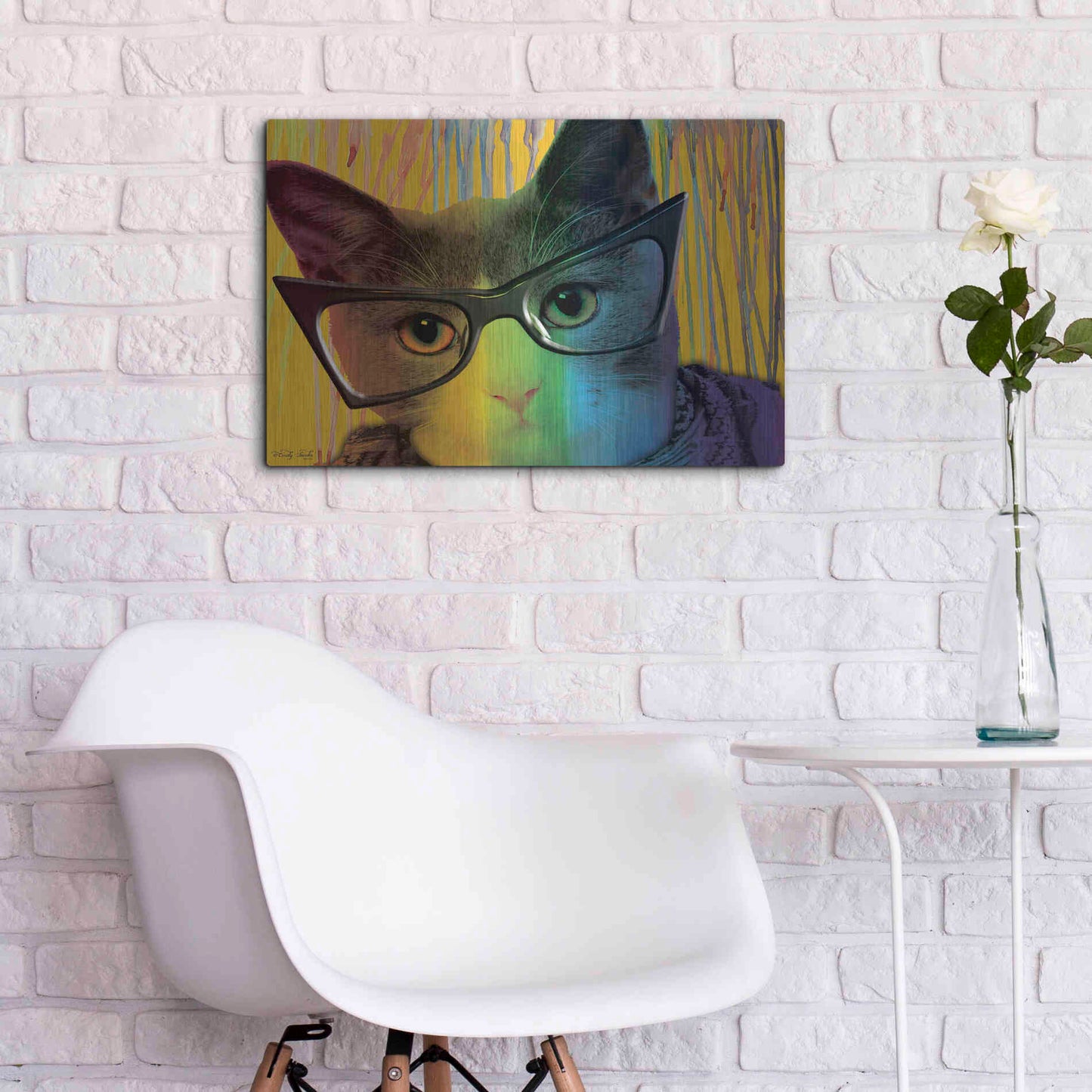 Luxe Metal Art 'Cat in Glasses' by Cindy Jacobs, Metal Wall Art,24x16