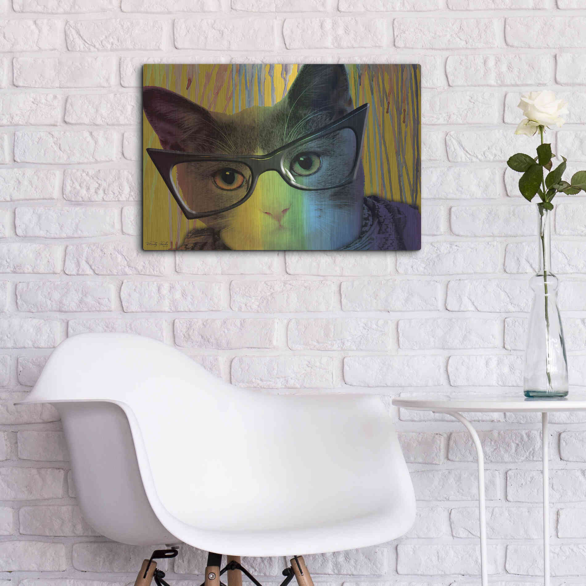 Luxe Metal Art 'Cat in Glasses' by Cindy Jacobs, Metal Wall Art,24x16