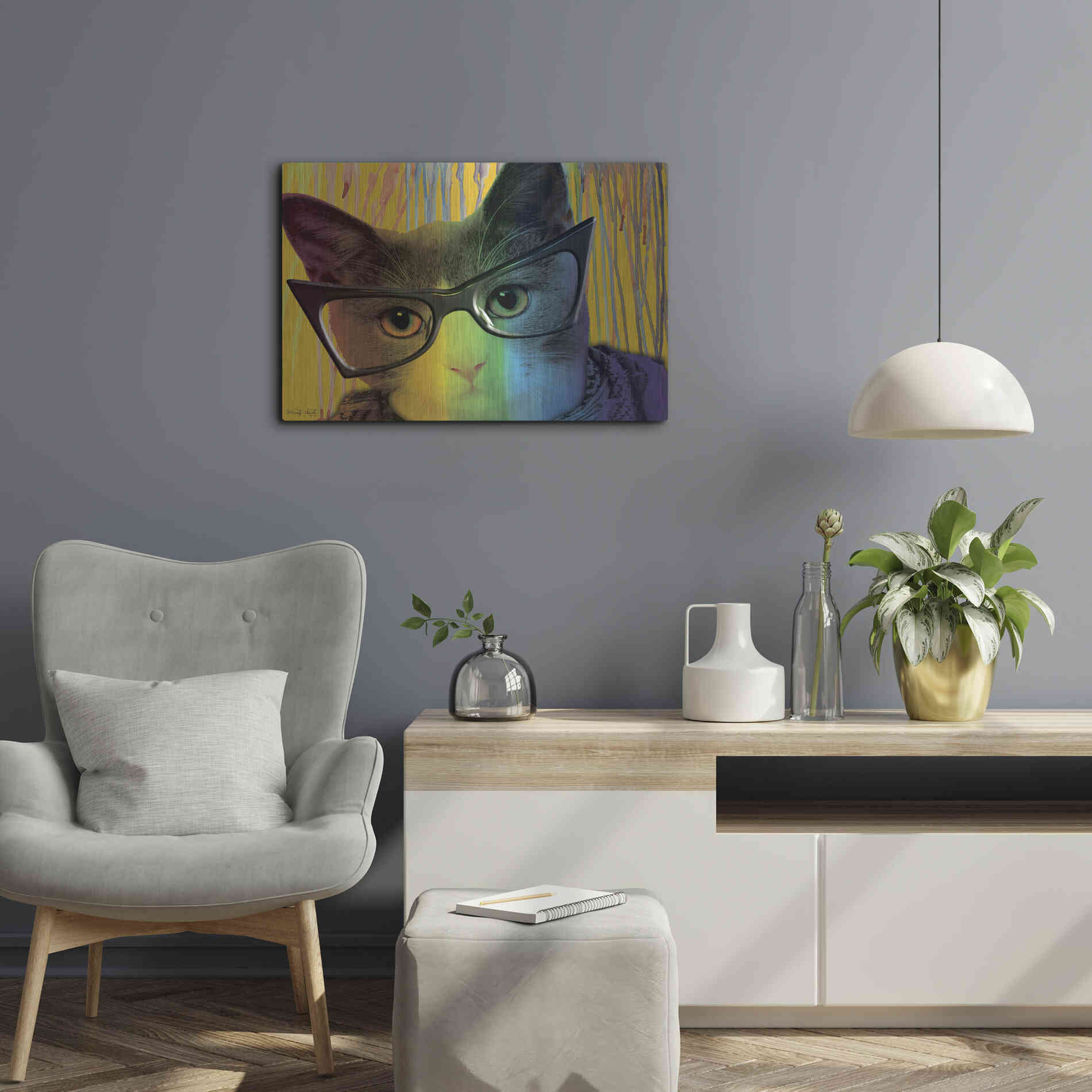 Luxe Metal Art 'Cat in Glasses' by Cindy Jacobs, Metal Wall Art,24x16