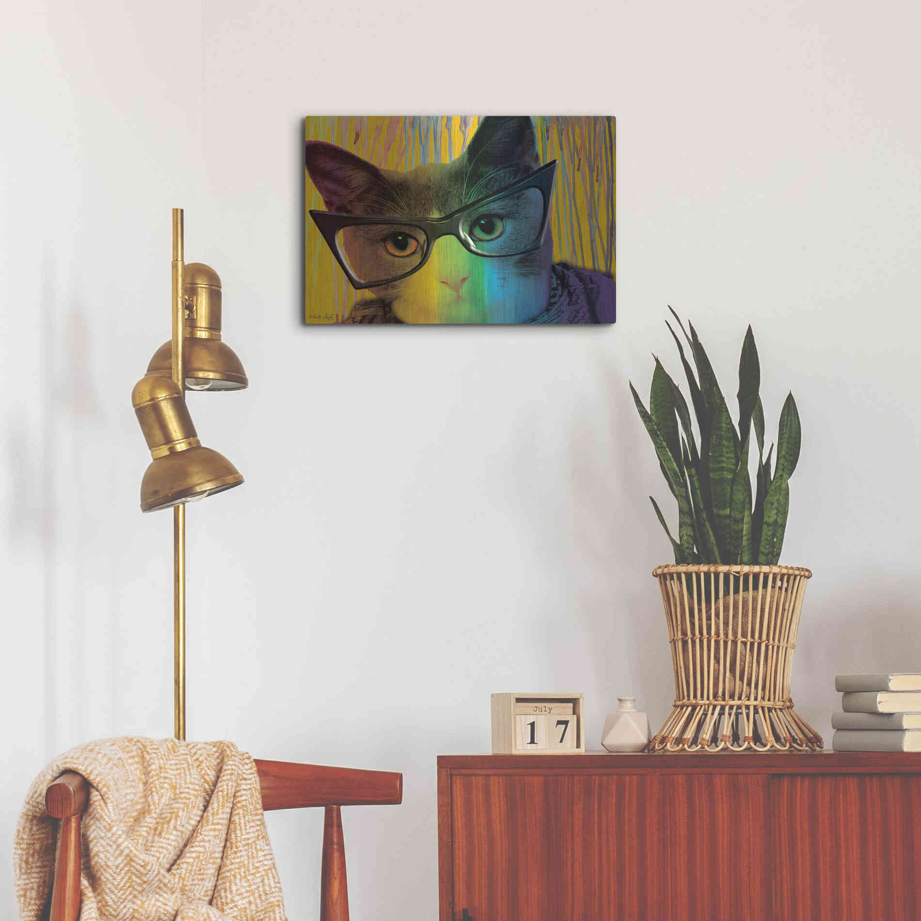 Luxe Metal Art 'Cat in Glasses' by Cindy Jacobs, Metal Wall Art,24x16