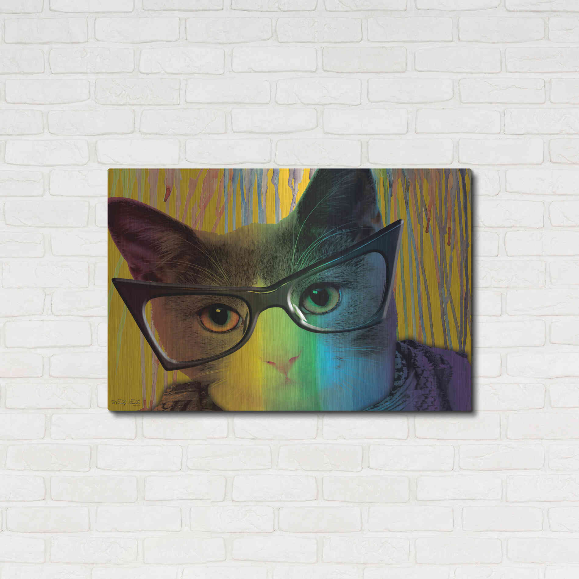 Luxe Metal Art 'Cat in Glasses' by Cindy Jacobs, Metal Wall Art,36x24