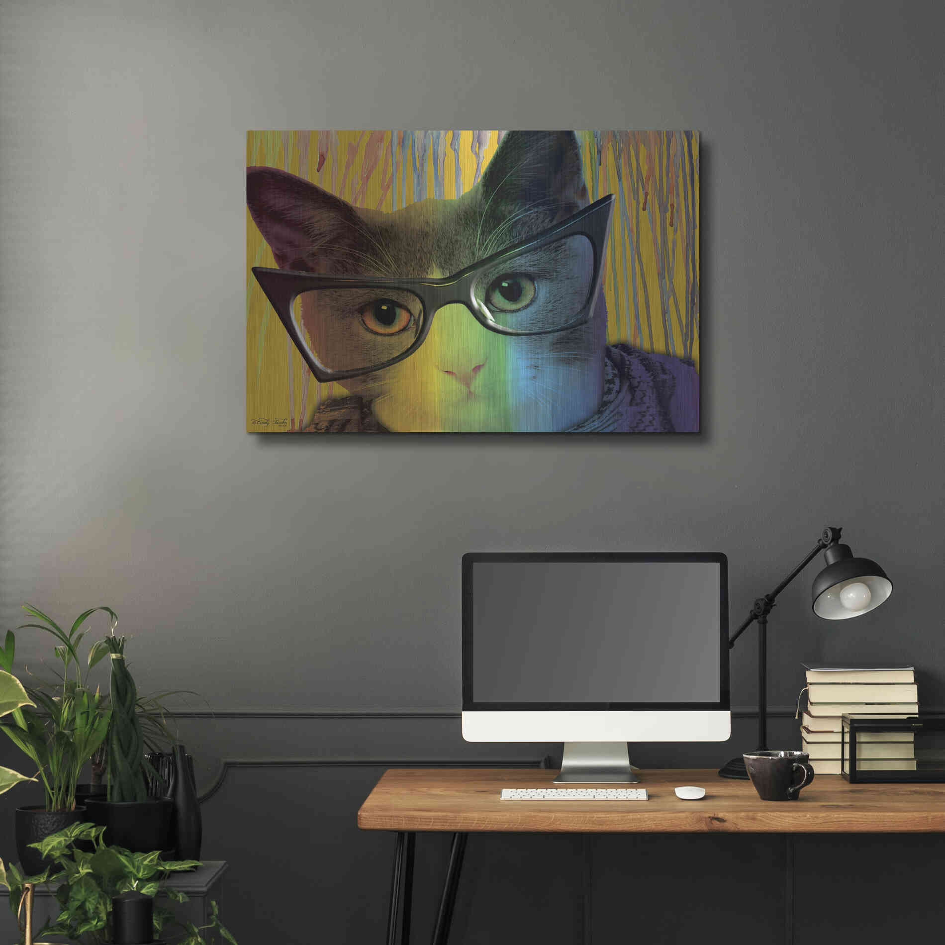Luxe Metal Art 'Cat in Glasses' by Cindy Jacobs, Metal Wall Art,36x24