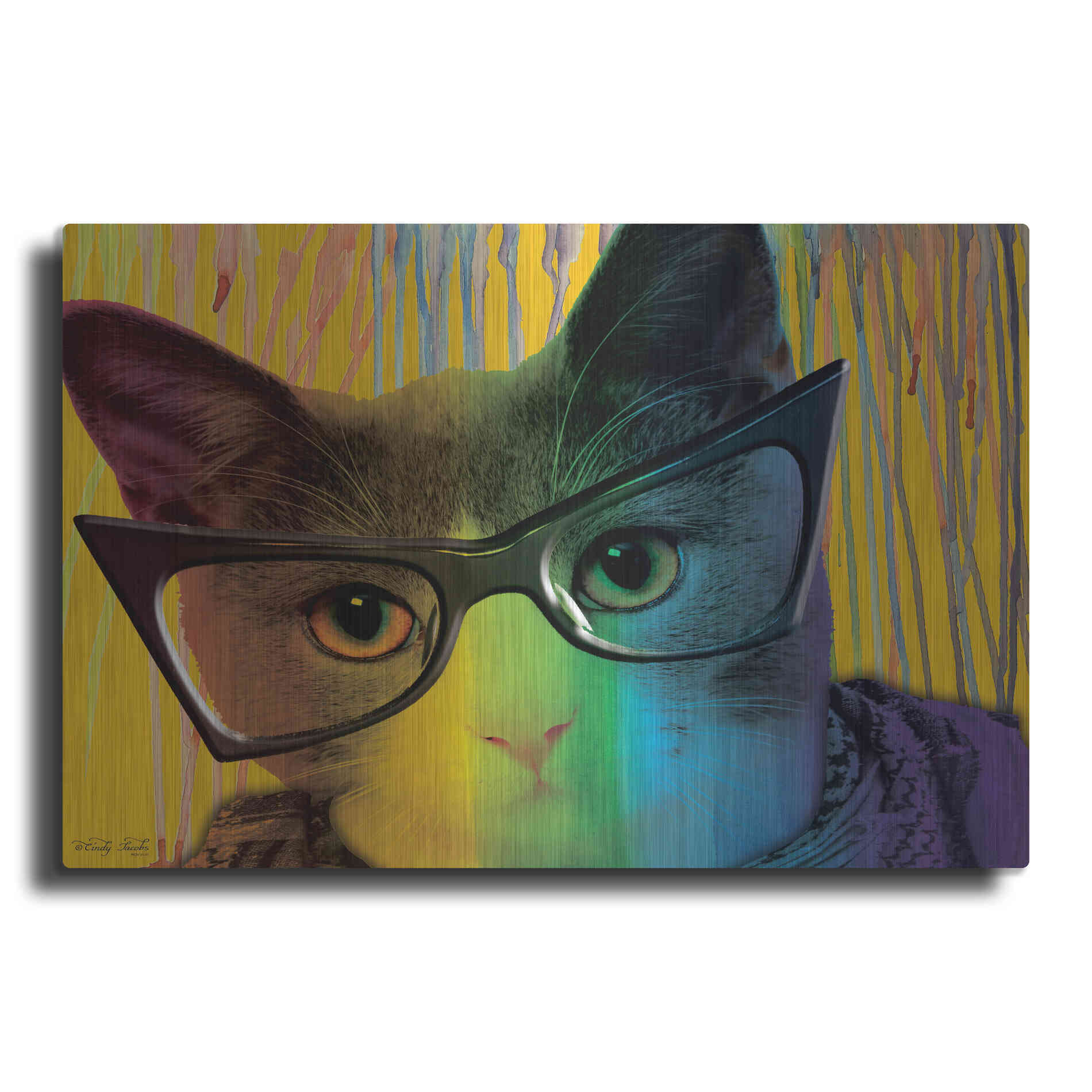 Luxe Metal Art 'Cat in Glasses' by Cindy Jacobs, Metal Wall Art