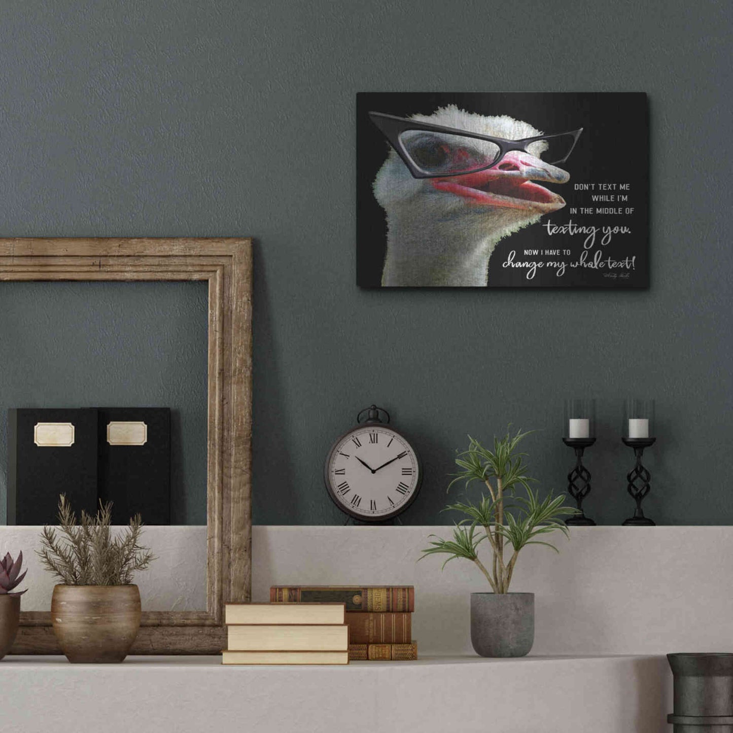 Luxe Metal Art 'Ostrich Don't Text Me' by Cindy Jacobs, Metal Wall Art,16x12