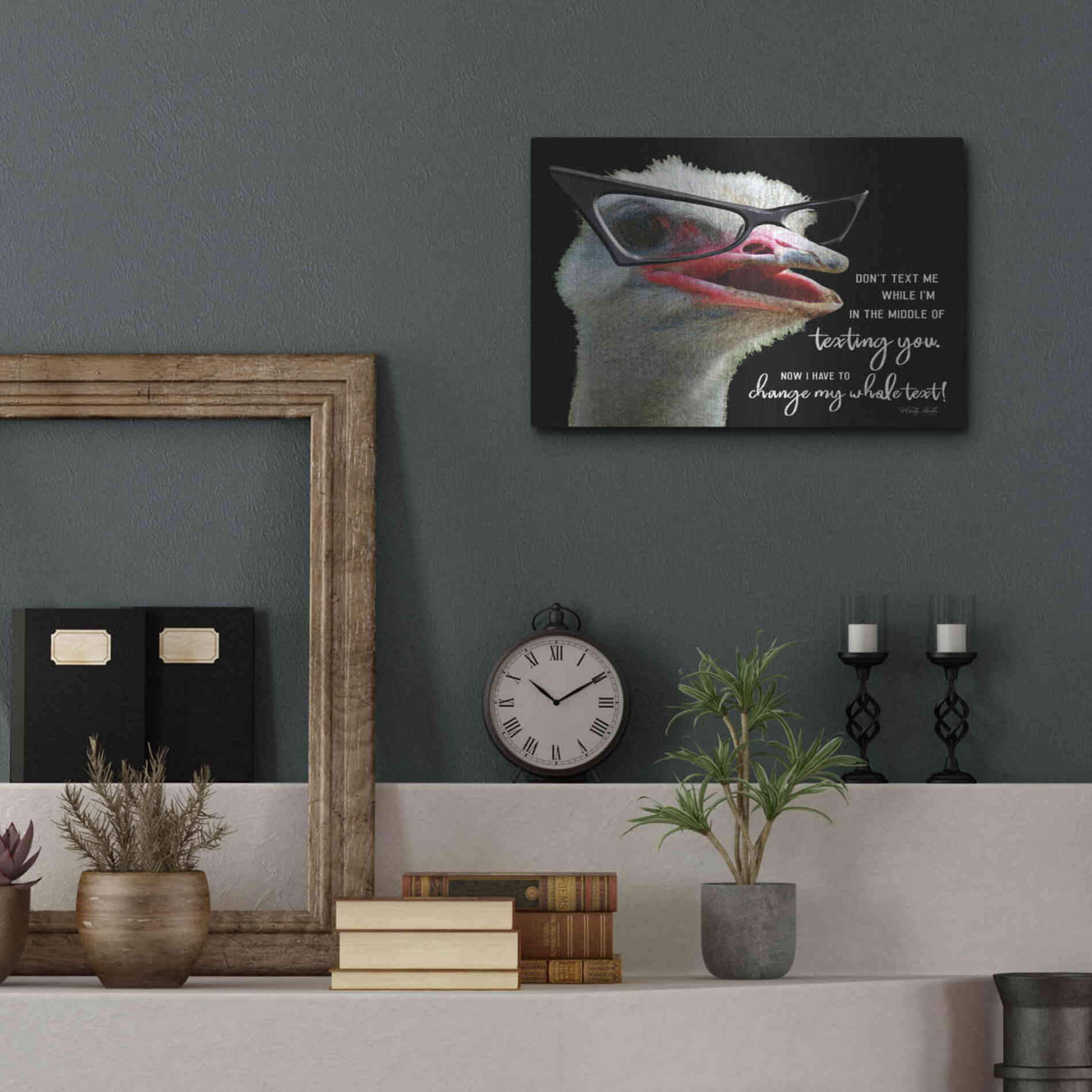 Luxe Metal Art 'Ostrich Don't Text Me' by Cindy Jacobs, Metal Wall Art,16x12