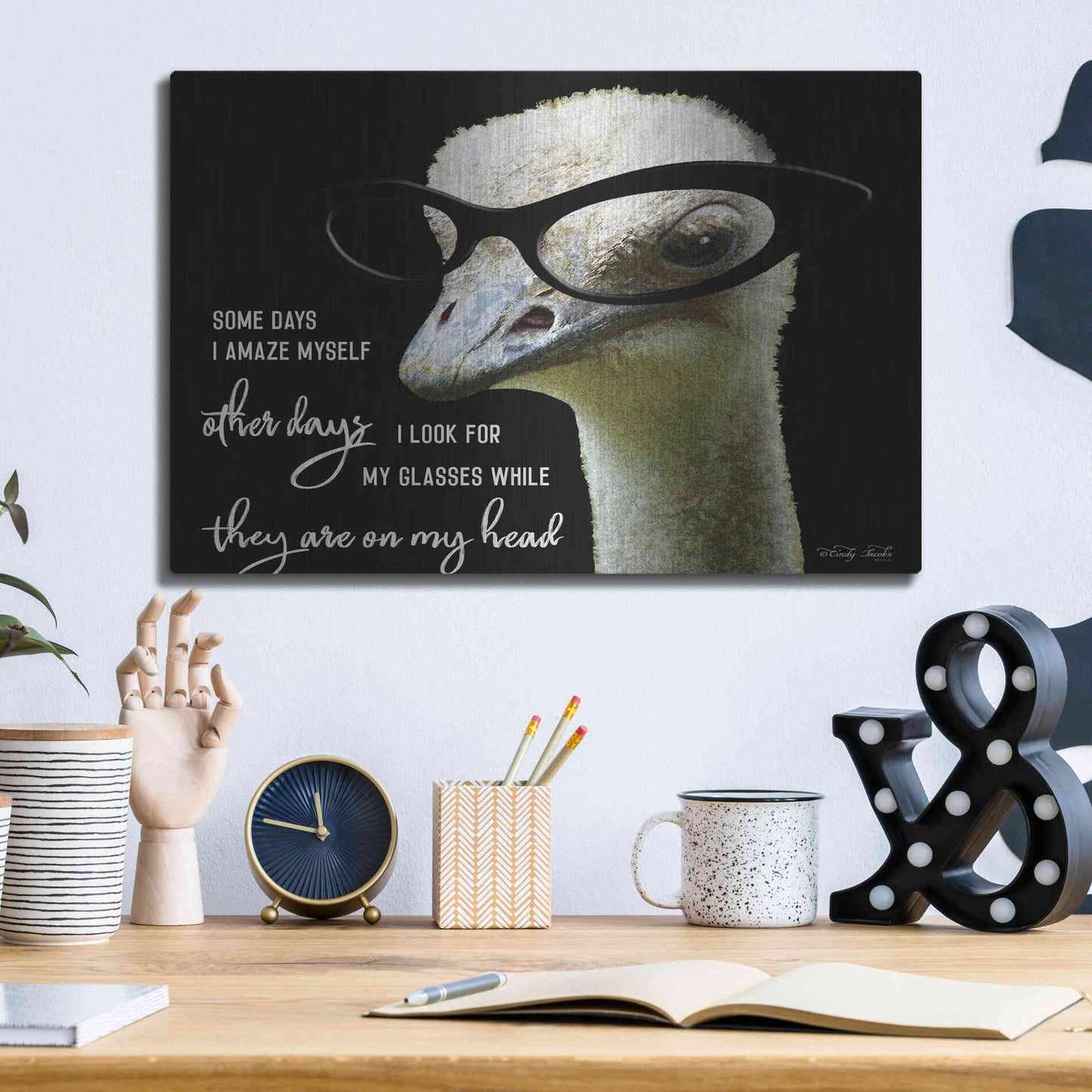 Luxe Metal Art 'Ostrich Some Days I Amaze Myself' by Cindy Jacobs, Metal Wall Art,16x12