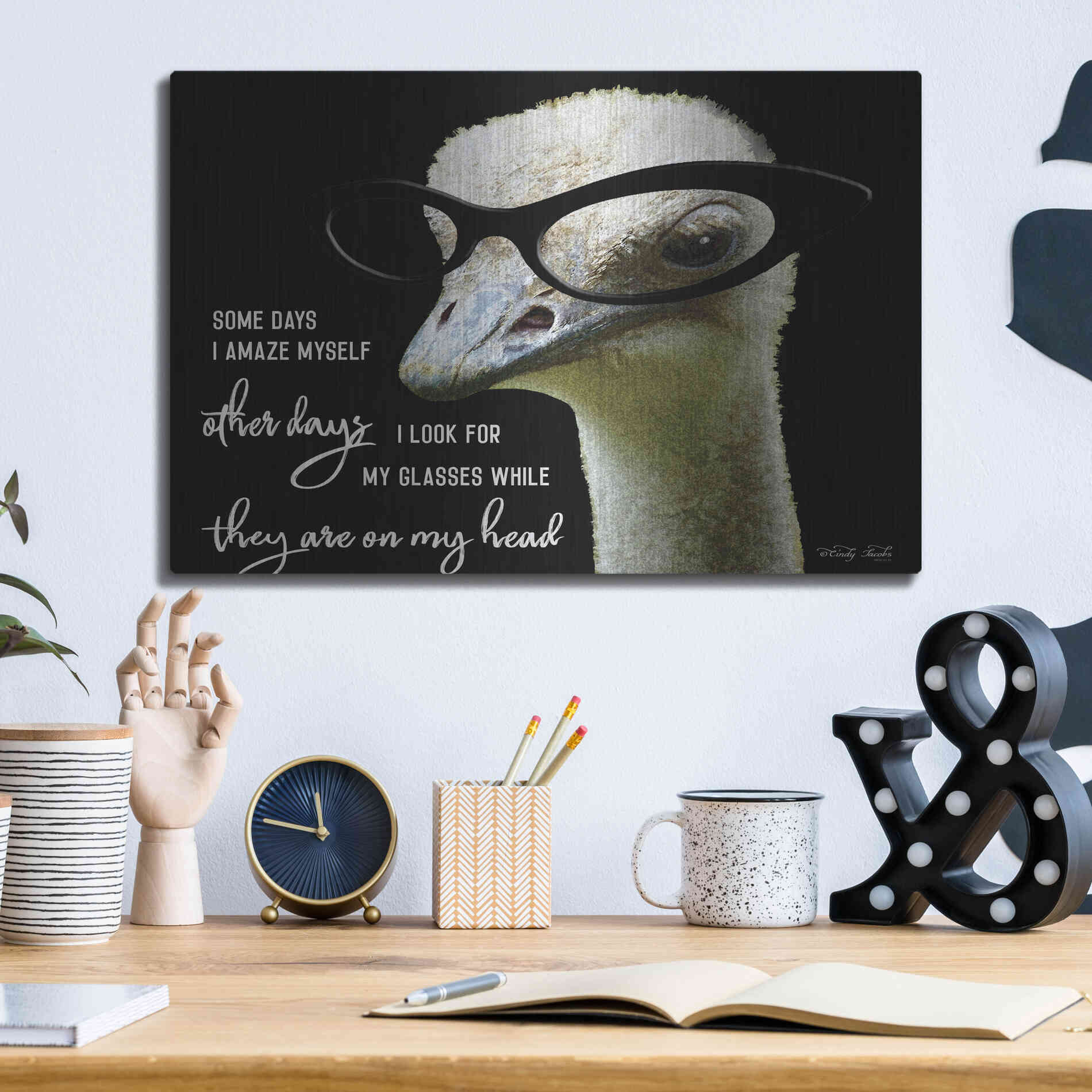 Luxe Metal Art 'Ostrich Some Days I Amaze Myself' by Cindy Jacobs, Metal Wall Art,16x12