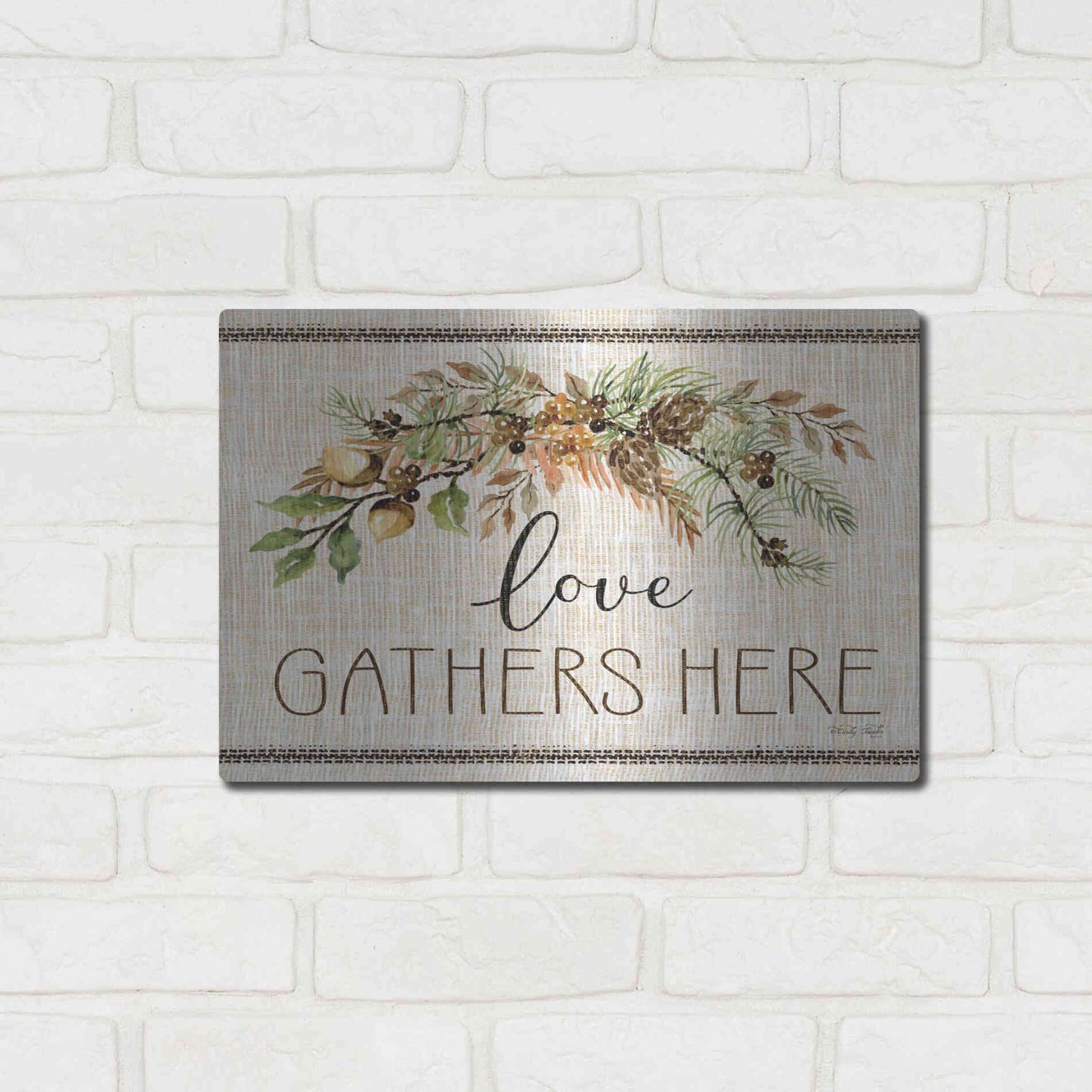 Luxe Metal Art 'Love Gathers Here Stitch' by Cindy Jacobs, Metal Wall Art,16x12