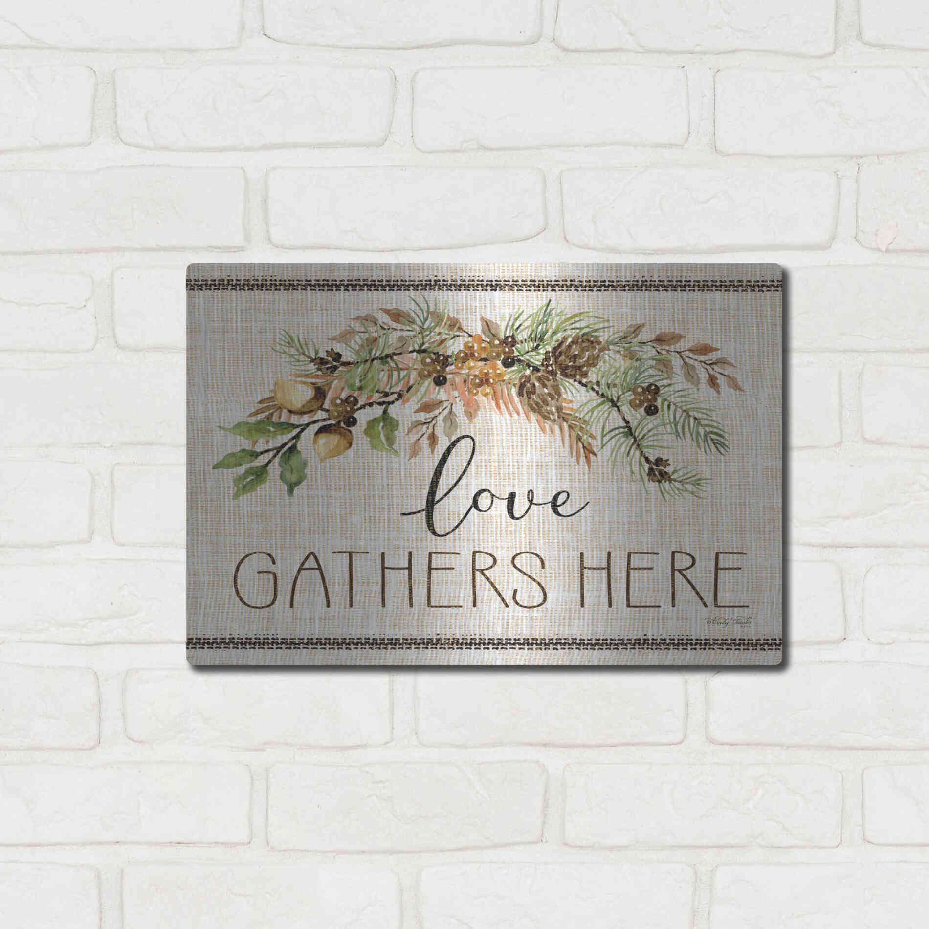 Luxe Metal Art 'Love Gathers Here Stitch' by Cindy Jacobs, Metal Wall Art,16x12
