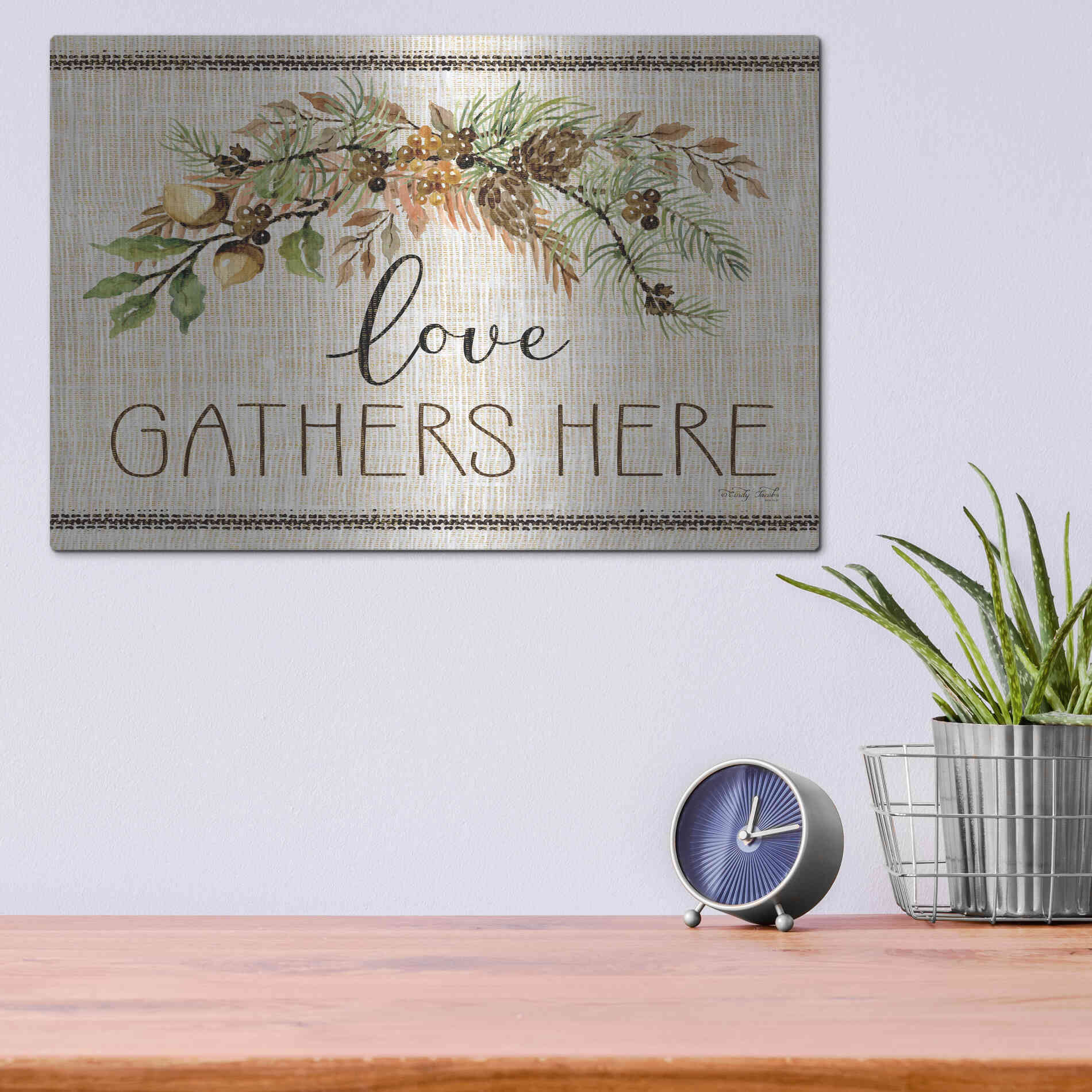 Luxe Metal Art 'Love Gathers Here Stitch' by Cindy Jacobs, Metal Wall Art,16x12
