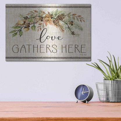 Luxe Metal Art 'Love Gathers Here Stitch' by Cindy Jacobs, Metal Wall Art,16x12