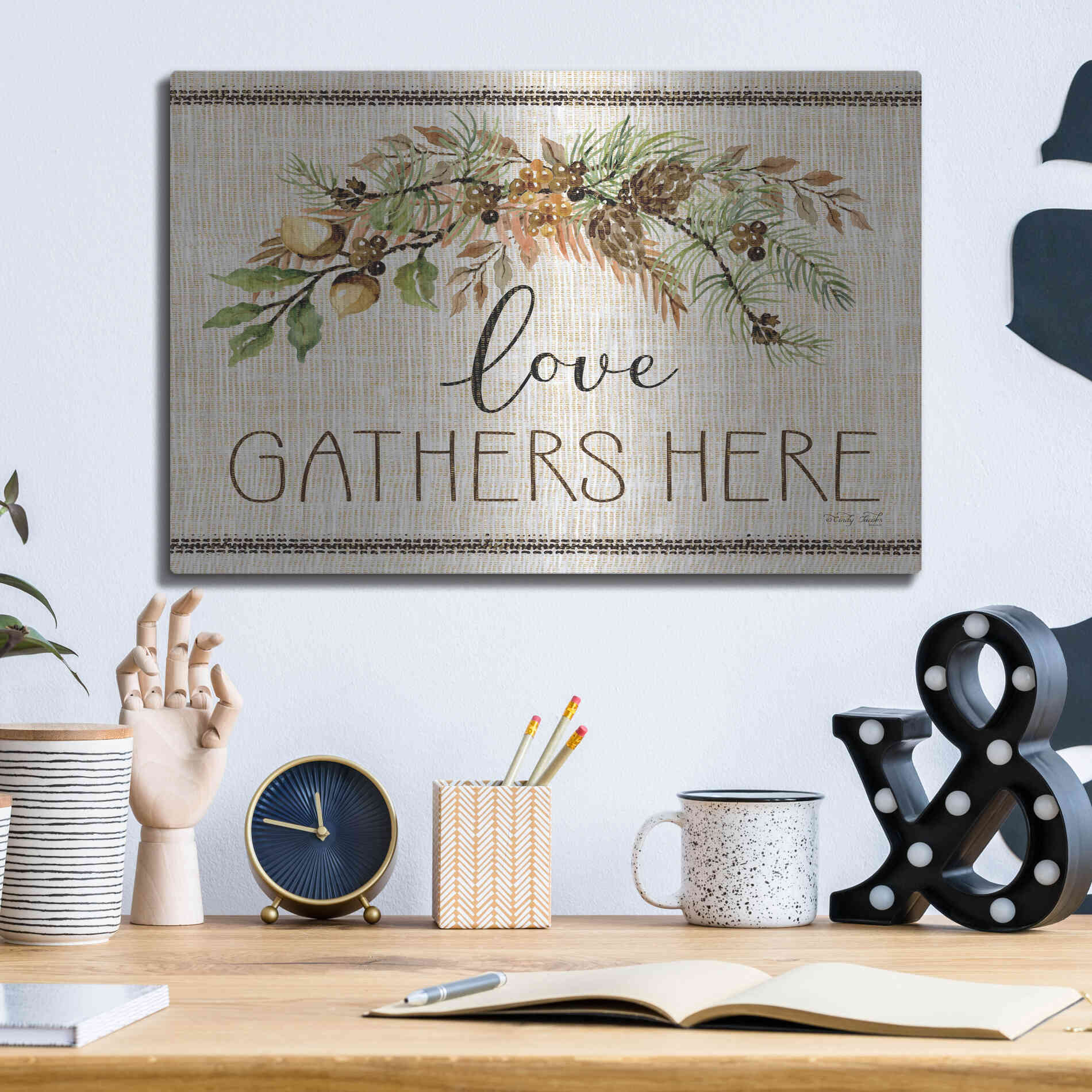 Luxe Metal Art 'Love Gathers Here Stitch' by Cindy Jacobs, Metal Wall Art,16x12