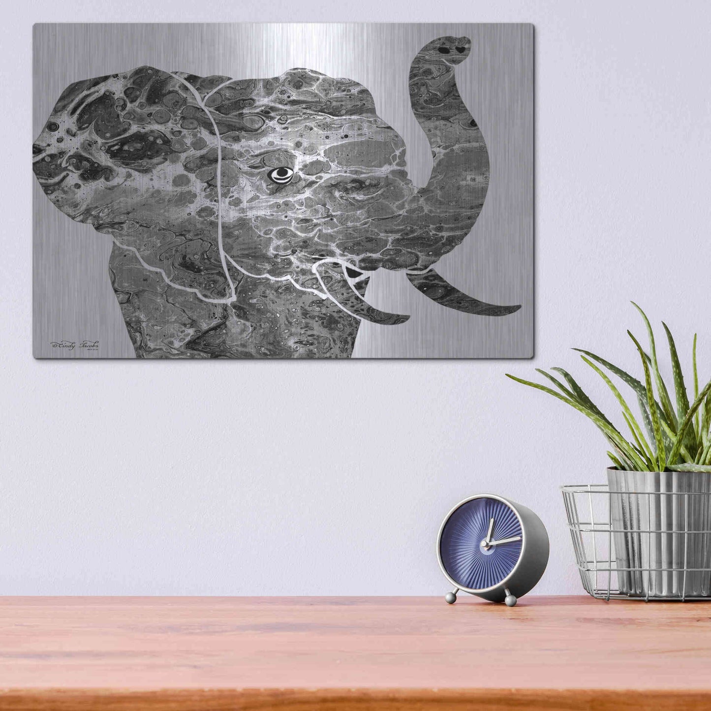 Luxe Metal Art 'Bright Elephant' by Cindy Jacobs, Metal Wall Art,16x12