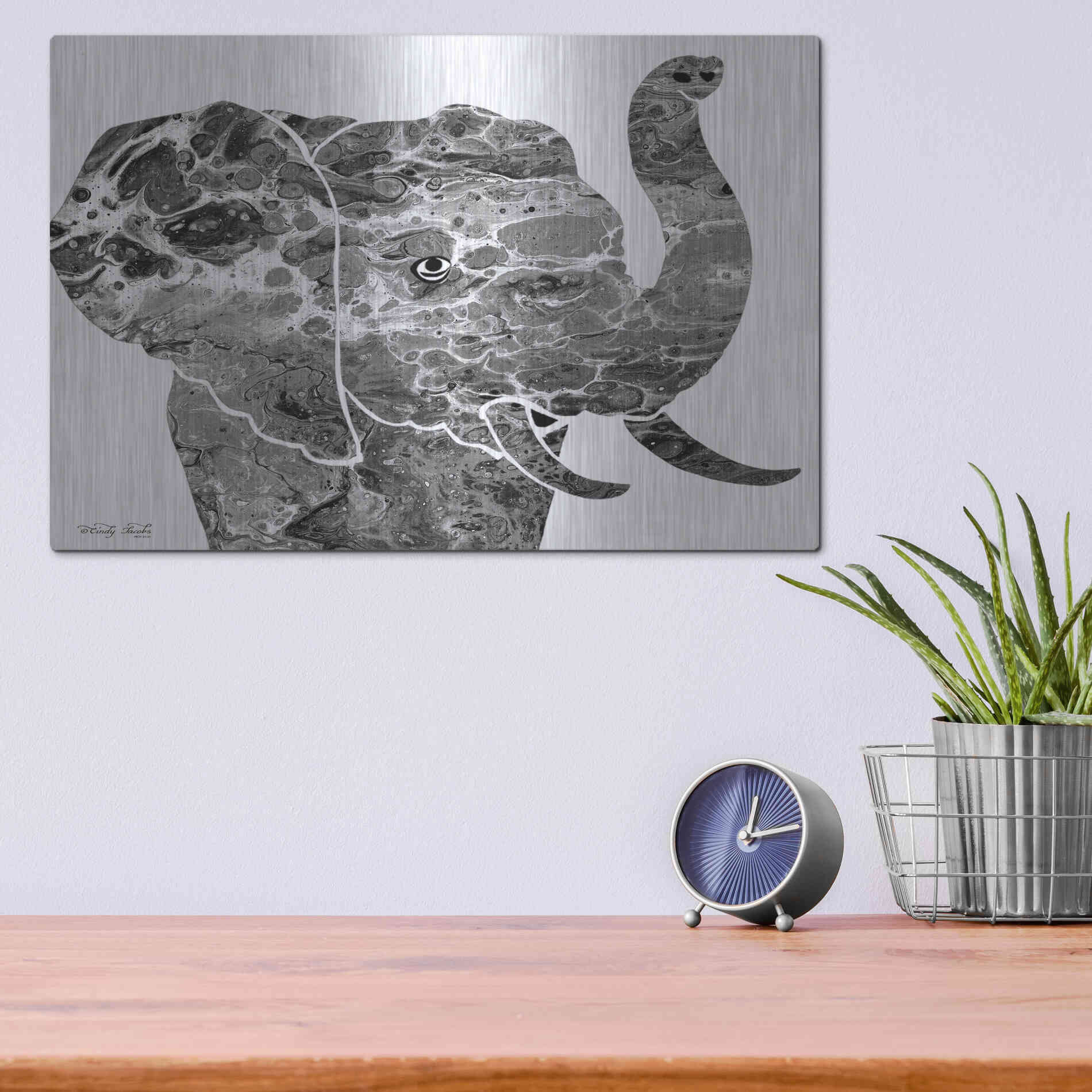 Luxe Metal Art 'Bright Elephant' by Cindy Jacobs, Metal Wall Art,16x12