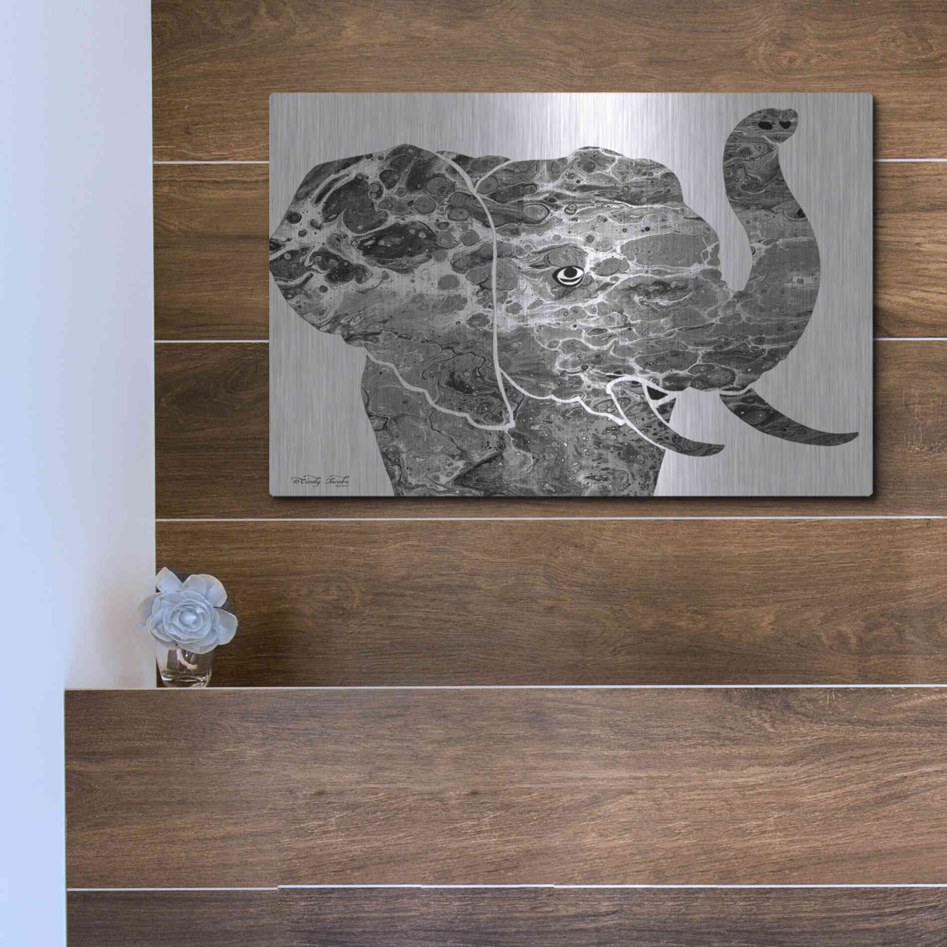 Luxe Metal Art 'Bright Elephant' by Cindy Jacobs, Metal Wall Art,16x12