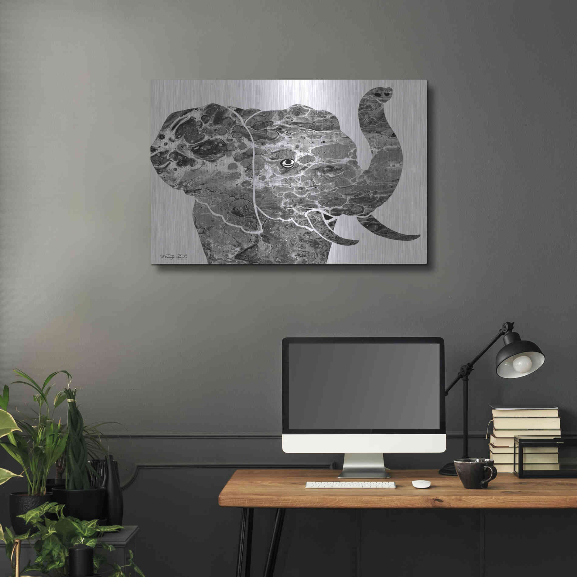 Luxe Metal Art 'Bright Elephant' by Cindy Jacobs, Metal Wall Art,36x24