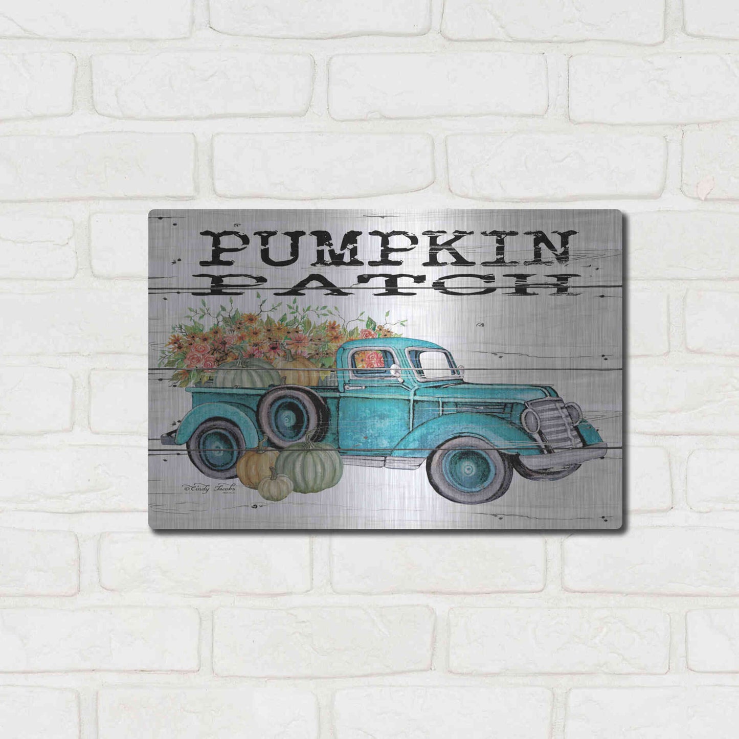 Luxe Metal Art 'Pumpkin Patch Truck' by Cindy Jacobs, Metal Wall Art,16x12