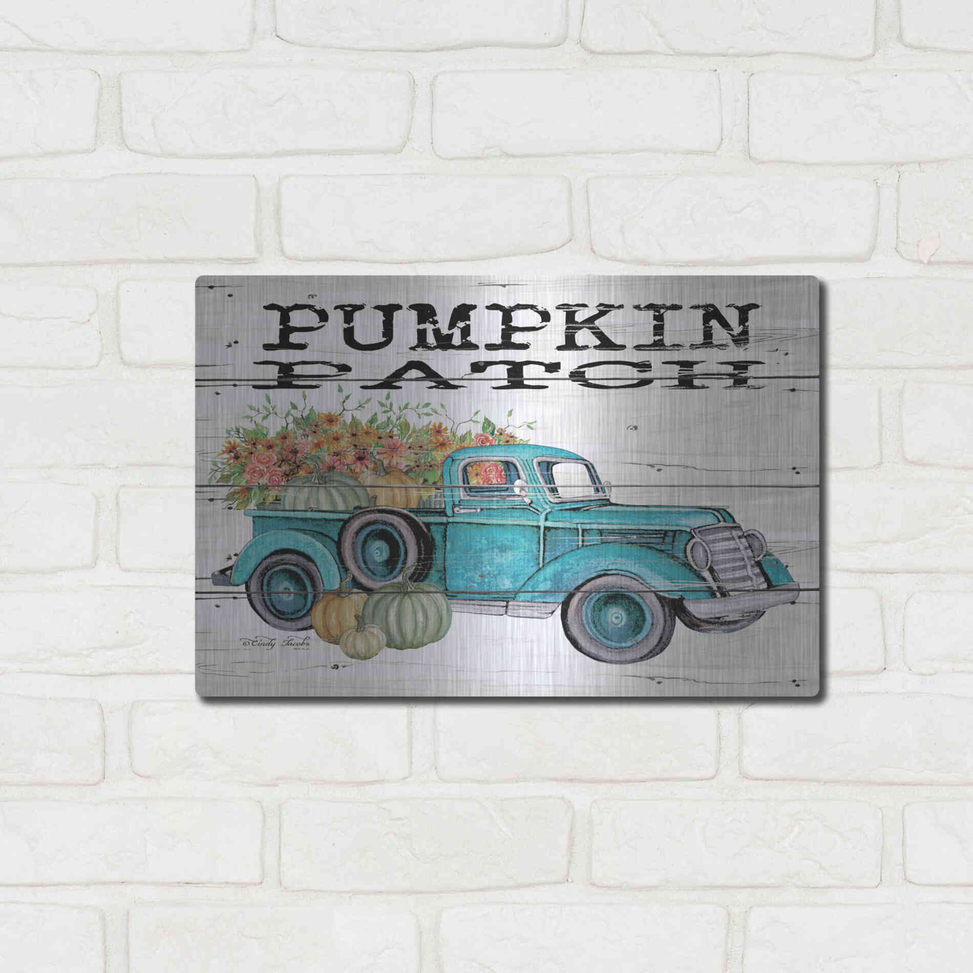 Luxe Metal Art 'Pumpkin Patch Truck' by Cindy Jacobs, Metal Wall Art,16x12
