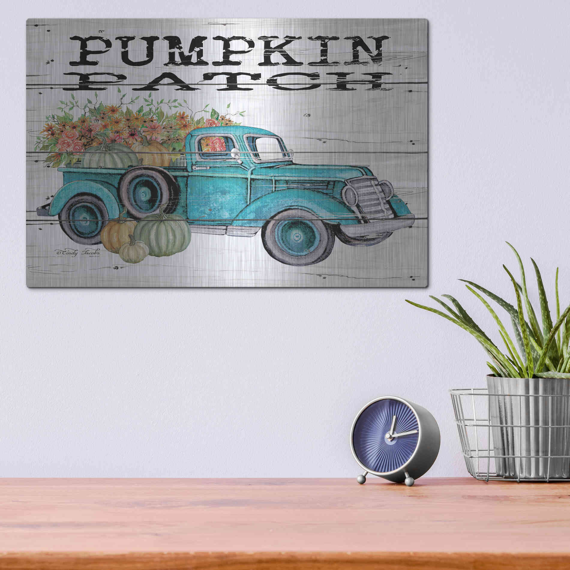 Luxe Metal Art 'Pumpkin Patch Truck' by Cindy Jacobs, Metal Wall Art,16x12