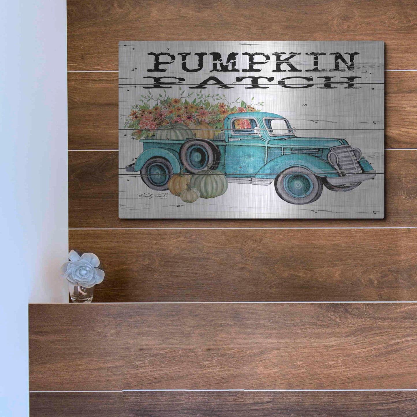 Luxe Metal Art 'Pumpkin Patch Truck' by Cindy Jacobs, Metal Wall Art,16x12