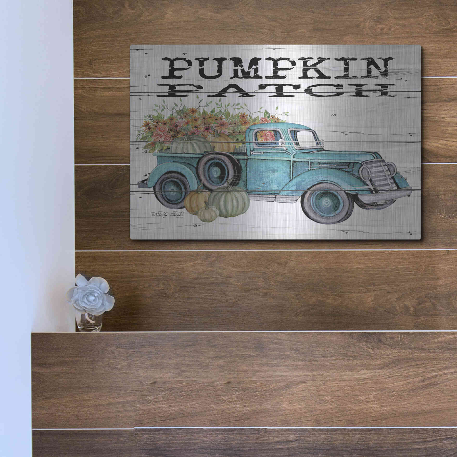 Luxe Metal Art 'Pumpkin Patch Truck' by Cindy Jacobs, Metal Wall Art,16x12