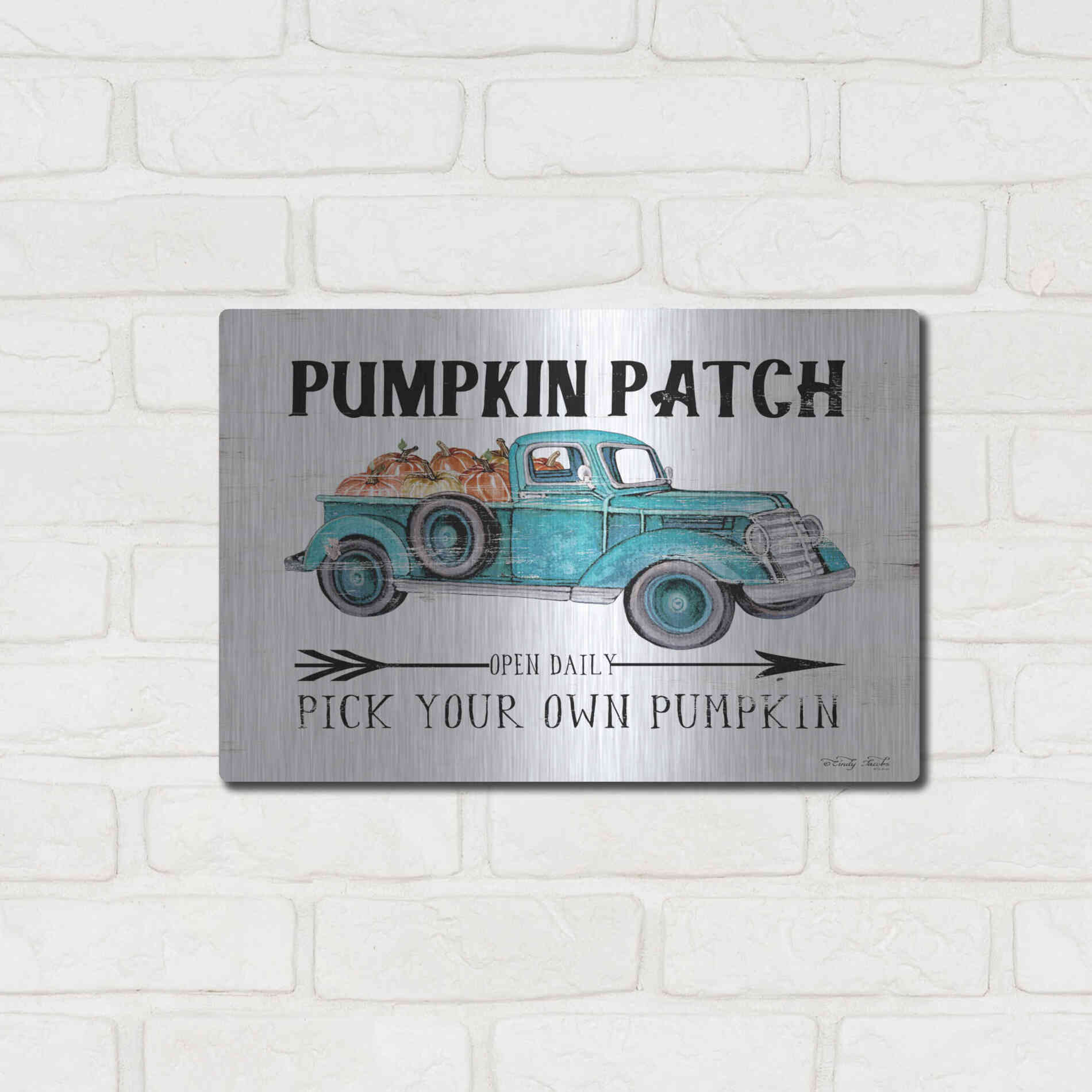 Luxe Metal Art 'Pumpkin Patch Open Daily' by Cindy Jacobs, Metal Wall Art,16x12