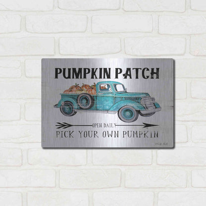Luxe Metal Art 'Pumpkin Patch Open Daily' by Cindy Jacobs, Metal Wall Art,16x12