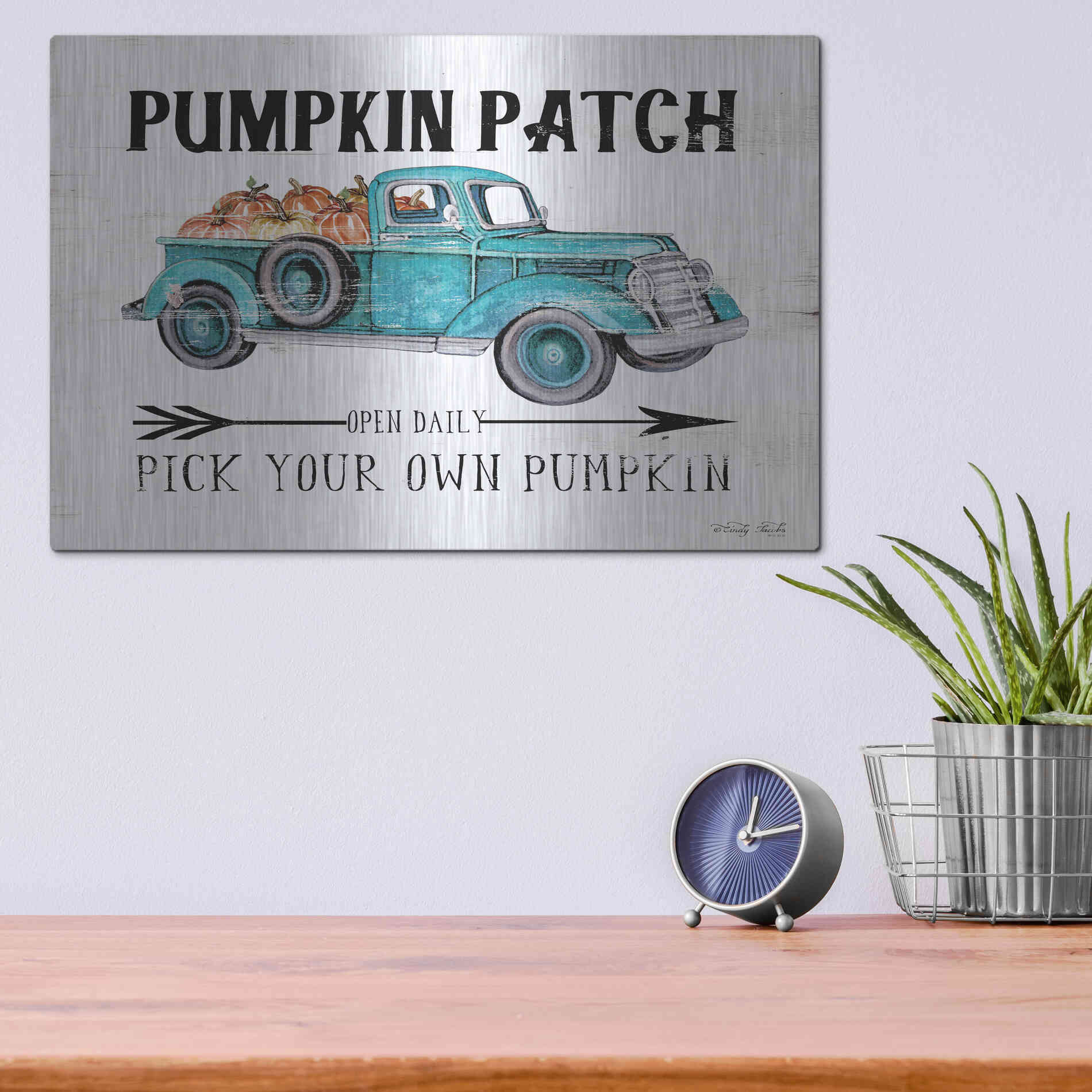 Luxe Metal Art 'Pumpkin Patch Open Daily' by Cindy Jacobs, Metal Wall Art,16x12