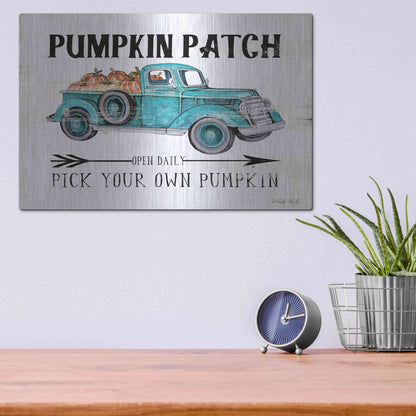 Luxe Metal Art 'Pumpkin Patch Open Daily' by Cindy Jacobs, Metal Wall Art,16x12