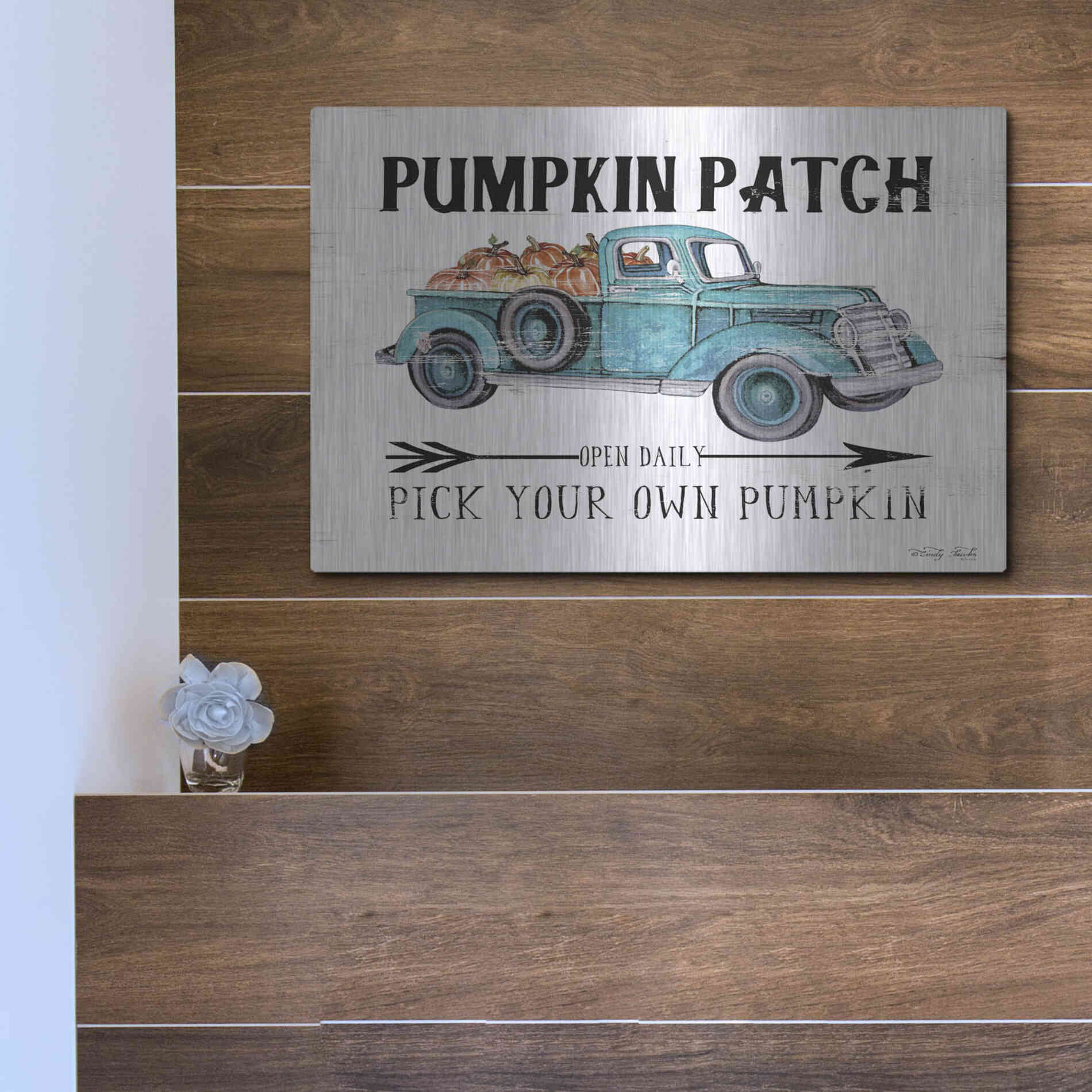 Luxe Metal Art 'Pumpkin Patch Open Daily' by Cindy Jacobs, Metal Wall Art,16x12