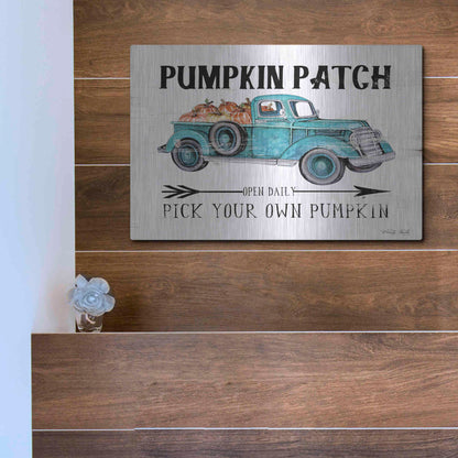 Luxe Metal Art 'Pumpkin Patch Open Daily' by Cindy Jacobs, Metal Wall Art,16x12