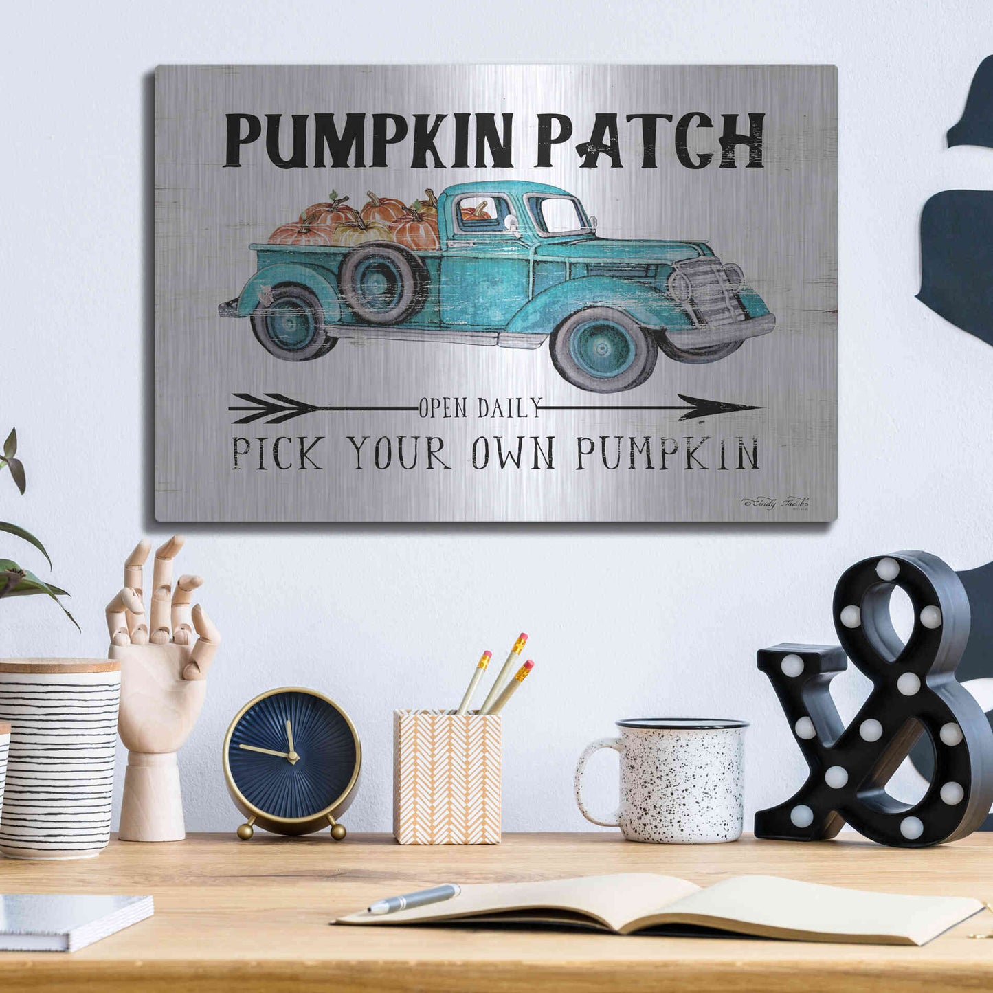 Luxe Metal Art 'Pumpkin Patch Open Daily' by Cindy Jacobs, Metal Wall Art,16x12