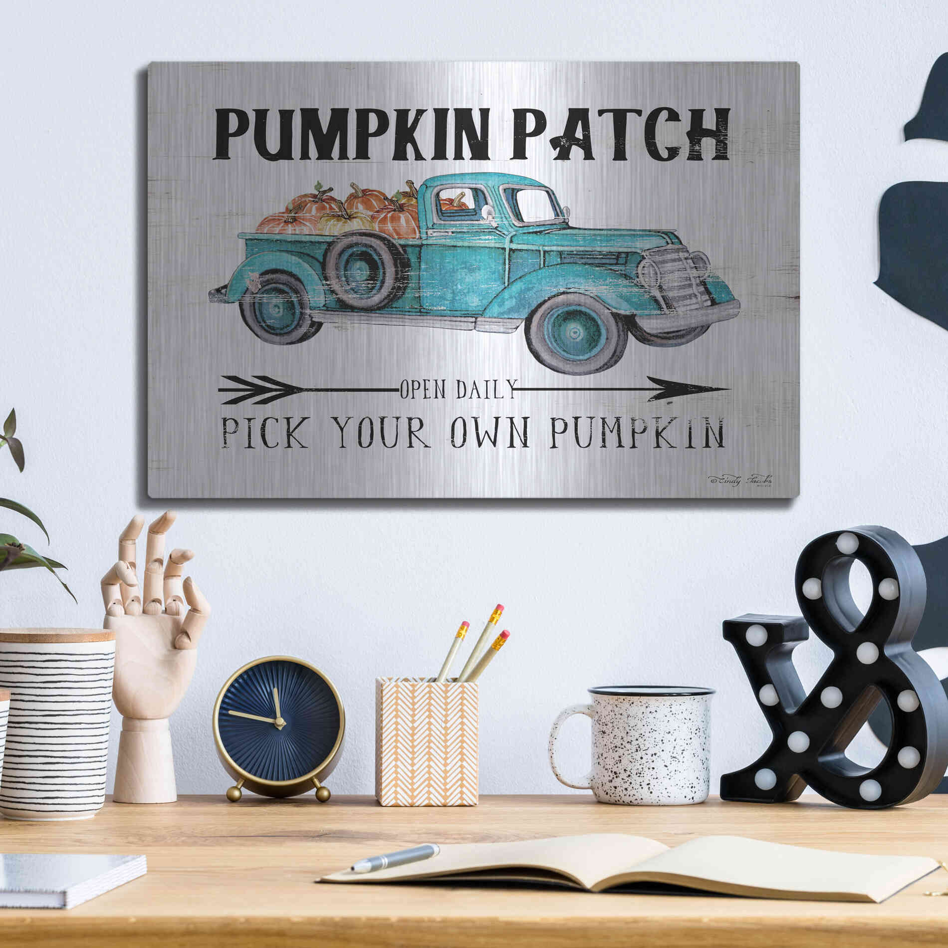 Luxe Metal Art 'Pumpkin Patch Open Daily' by Cindy Jacobs, Metal Wall Art,16x12