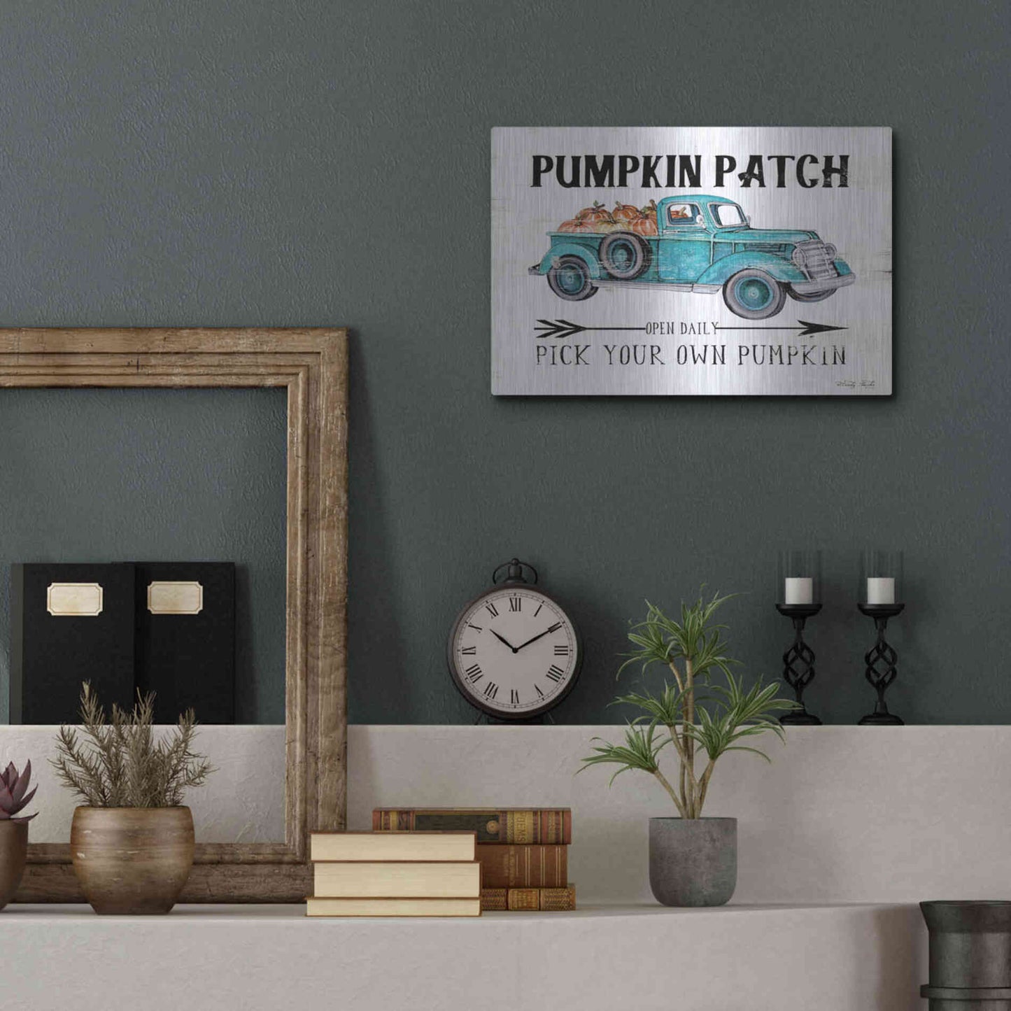 Luxe Metal Art 'Pumpkin Patch Open Daily' by Cindy Jacobs, Metal Wall Art,16x12