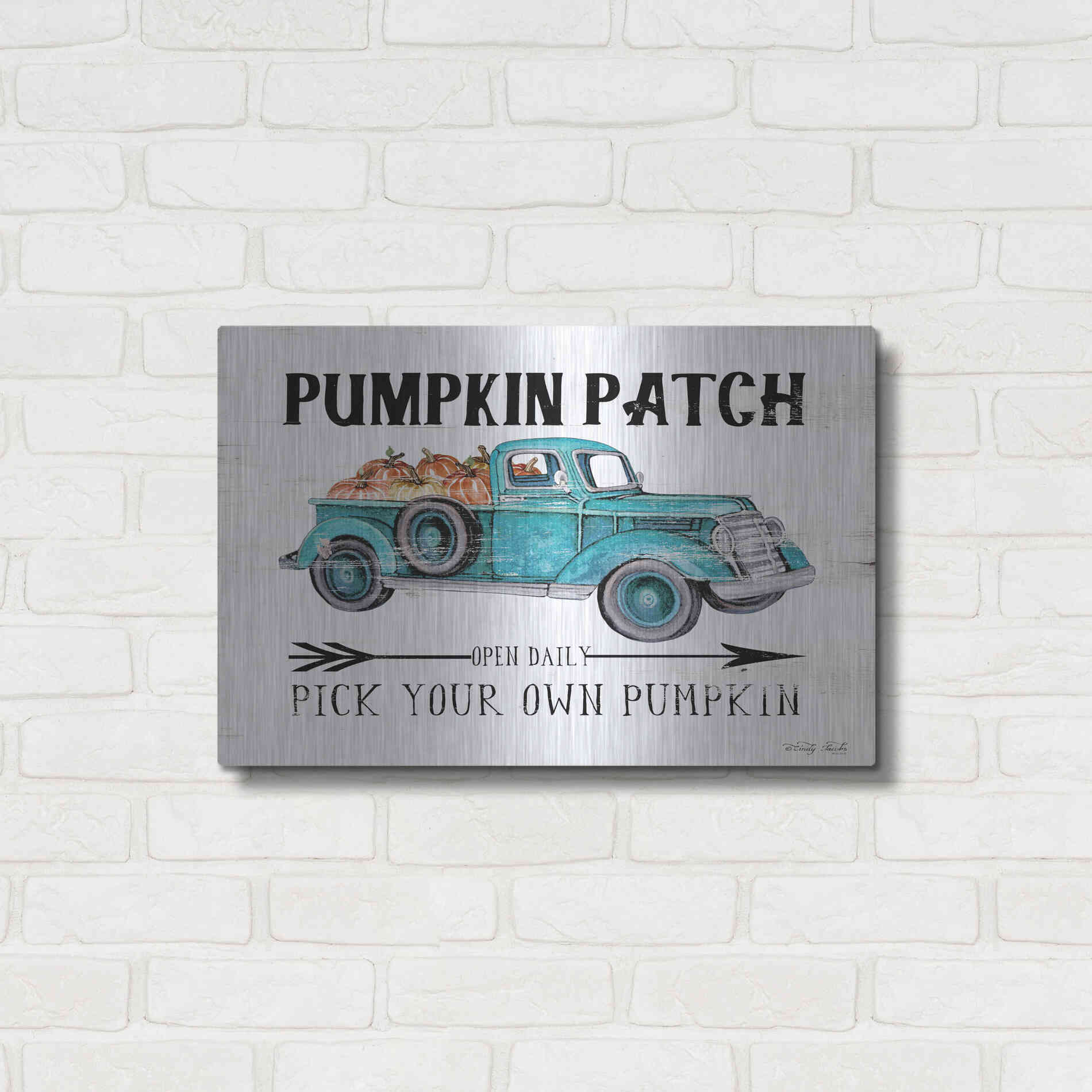 Luxe Metal Art 'Pumpkin Patch Open Daily' by Cindy Jacobs, Metal Wall Art,24x16