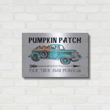 Luxe Metal Art 'Pumpkin Patch Open Daily' by Cindy Jacobs, Metal Wall Art,24x16