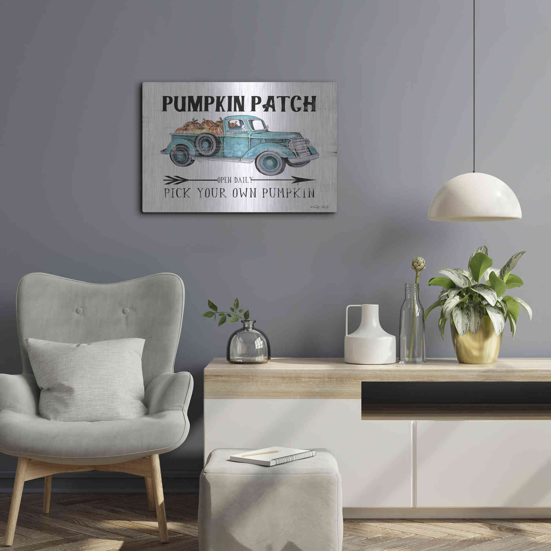 Luxe Metal Art 'Pumpkin Patch Open Daily' by Cindy Jacobs, Metal Wall Art,24x16