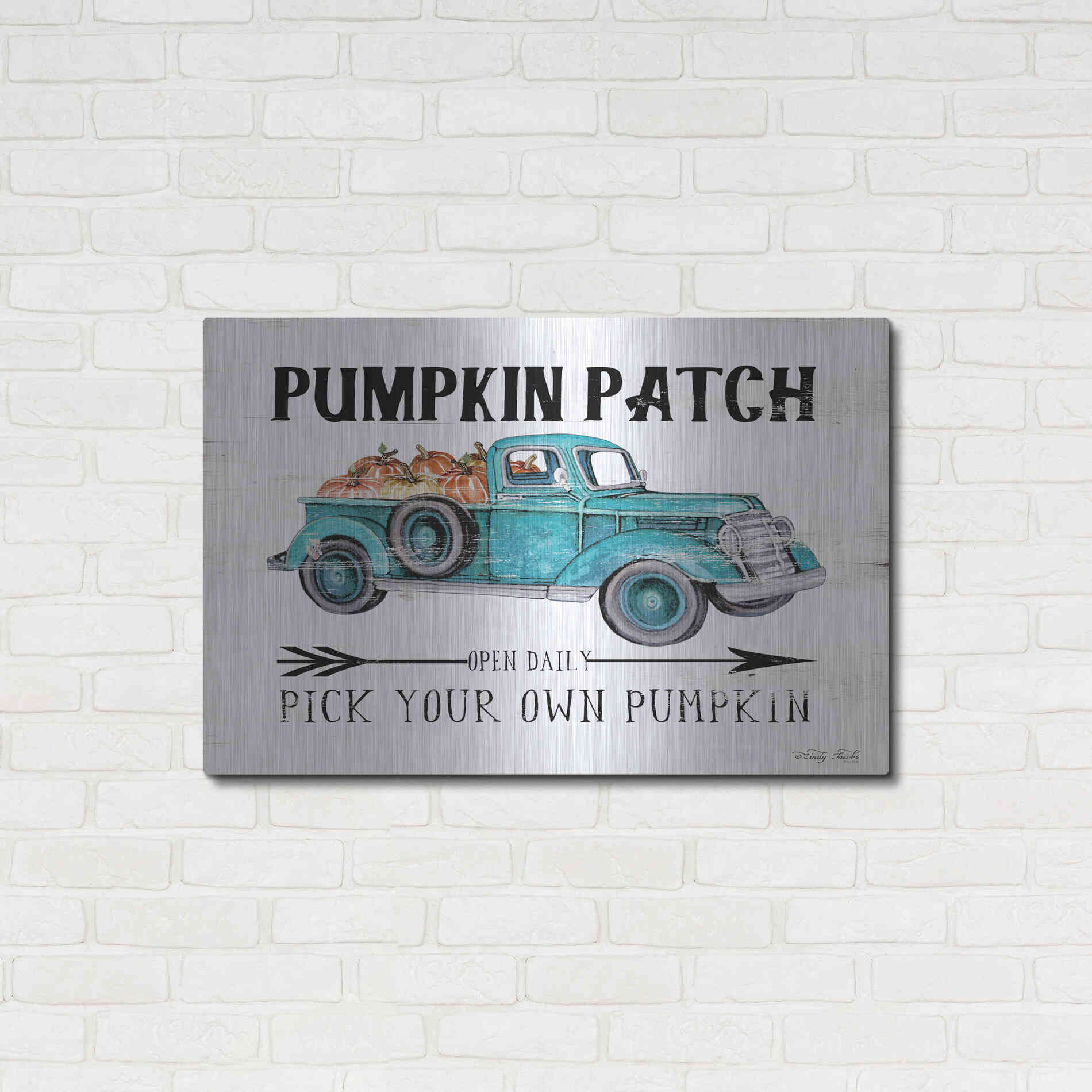 Luxe Metal Art 'Pumpkin Patch Open Daily' by Cindy Jacobs, Metal Wall Art,36x24