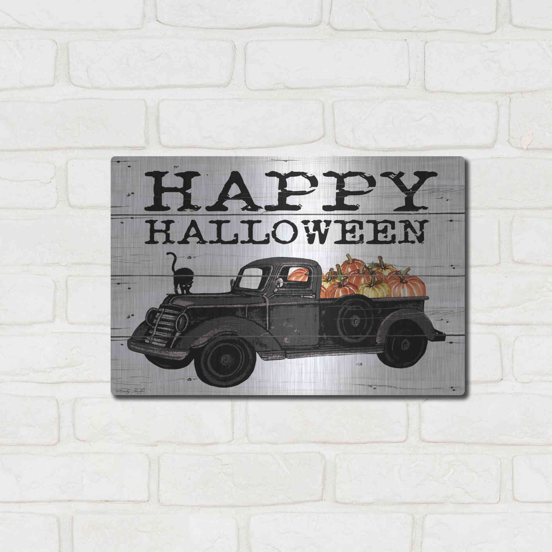 Luxe Metal Art 'Happy Halloween Black Truck' by Cindy Jacobs, Metal Wall Art,16x12