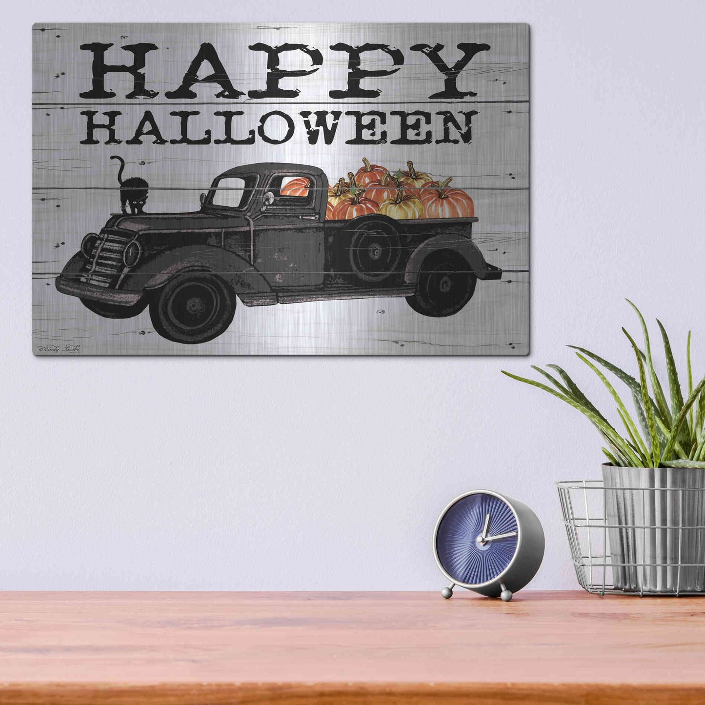 Luxe Metal Art 'Happy Halloween Black Truck' by Cindy Jacobs, Metal Wall Art,16x12