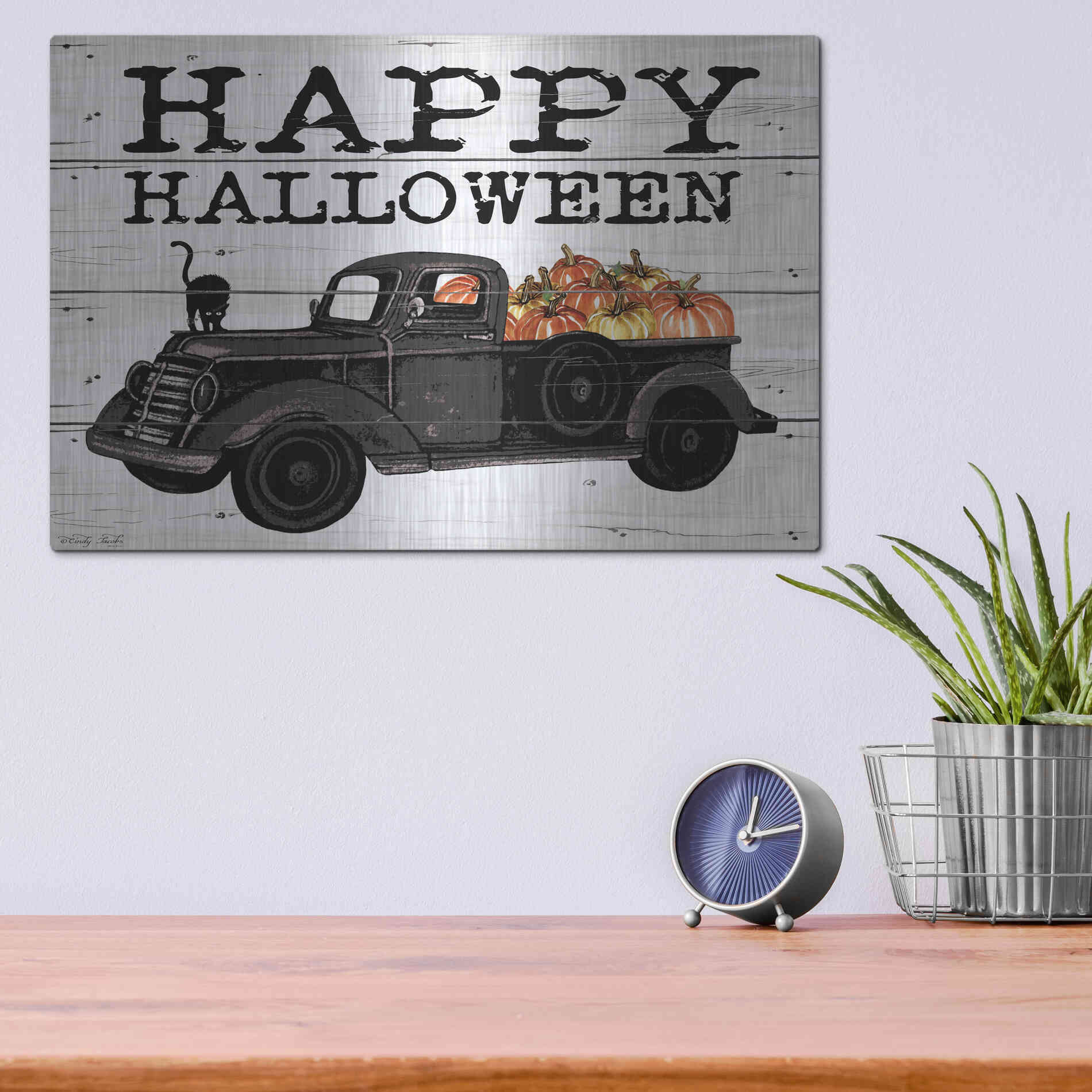 Luxe Metal Art 'Happy Halloween Black Truck' by Cindy Jacobs, Metal Wall Art,16x12