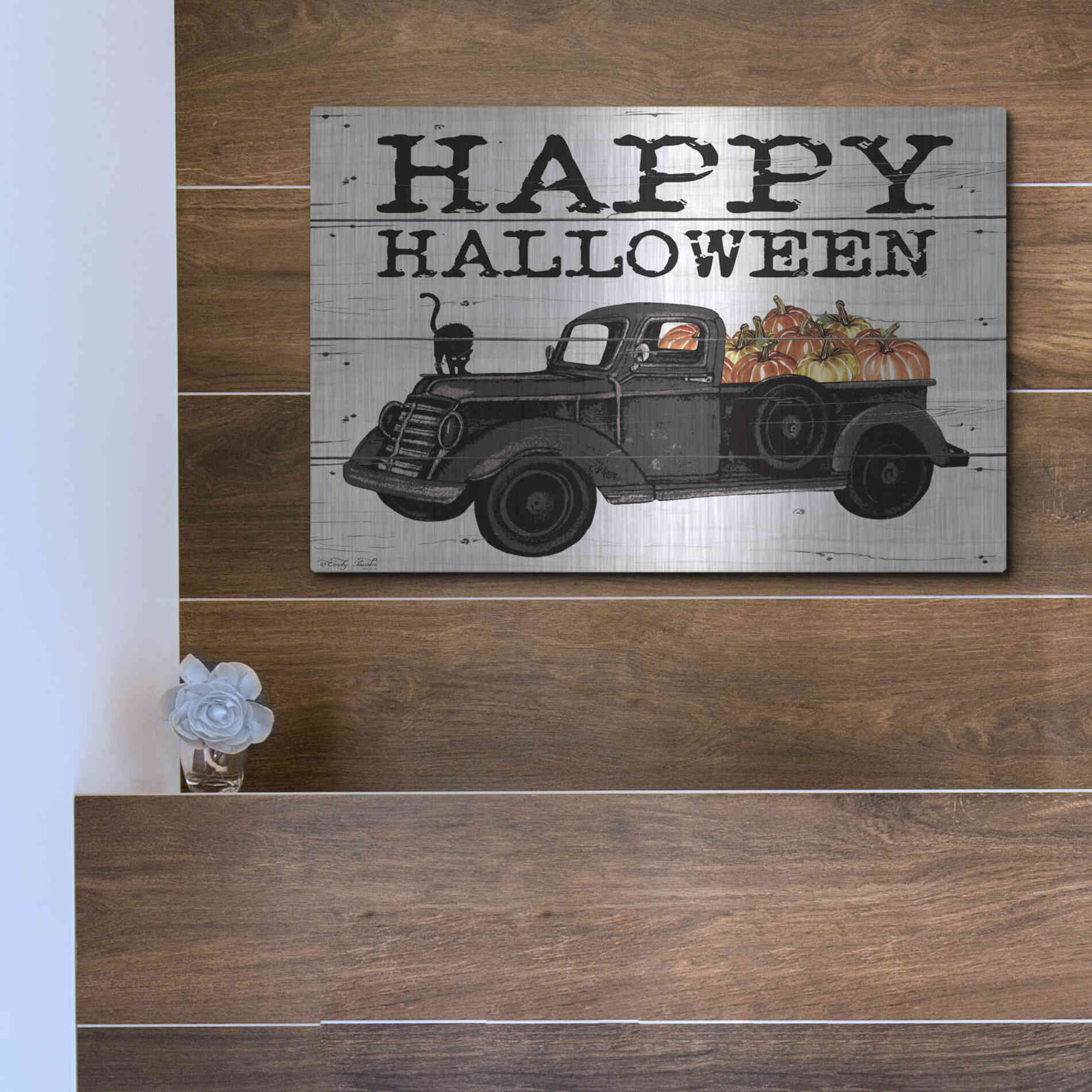 Luxe Metal Art 'Happy Halloween Black Truck' by Cindy Jacobs, Metal Wall Art,16x12