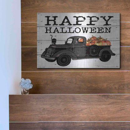 Luxe Metal Art 'Happy Halloween Black Truck' by Cindy Jacobs, Metal Wall Art,16x12