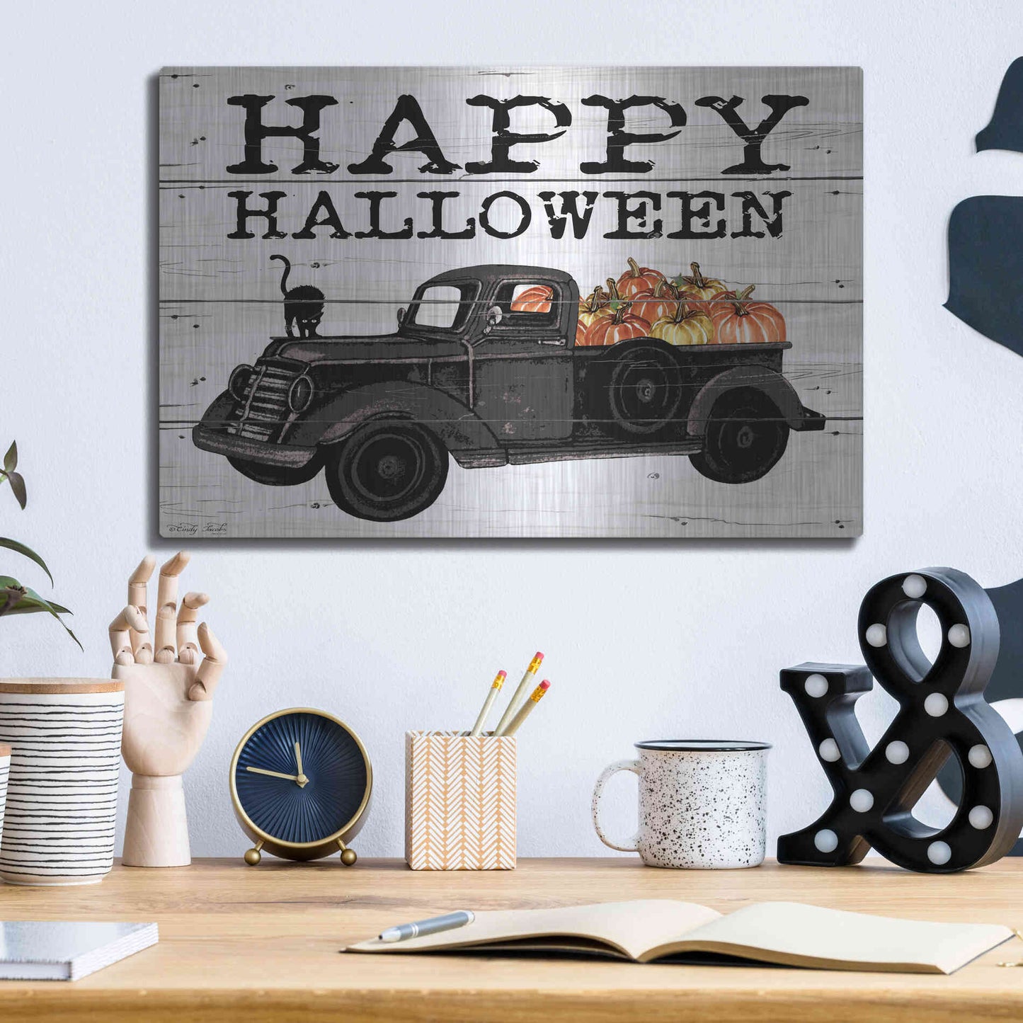 Luxe Metal Art 'Happy Halloween Black Truck' by Cindy Jacobs, Metal Wall Art,16x12
