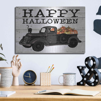 Luxe Metal Art 'Happy Halloween Black Truck' by Cindy Jacobs, Metal Wall Art,16x12