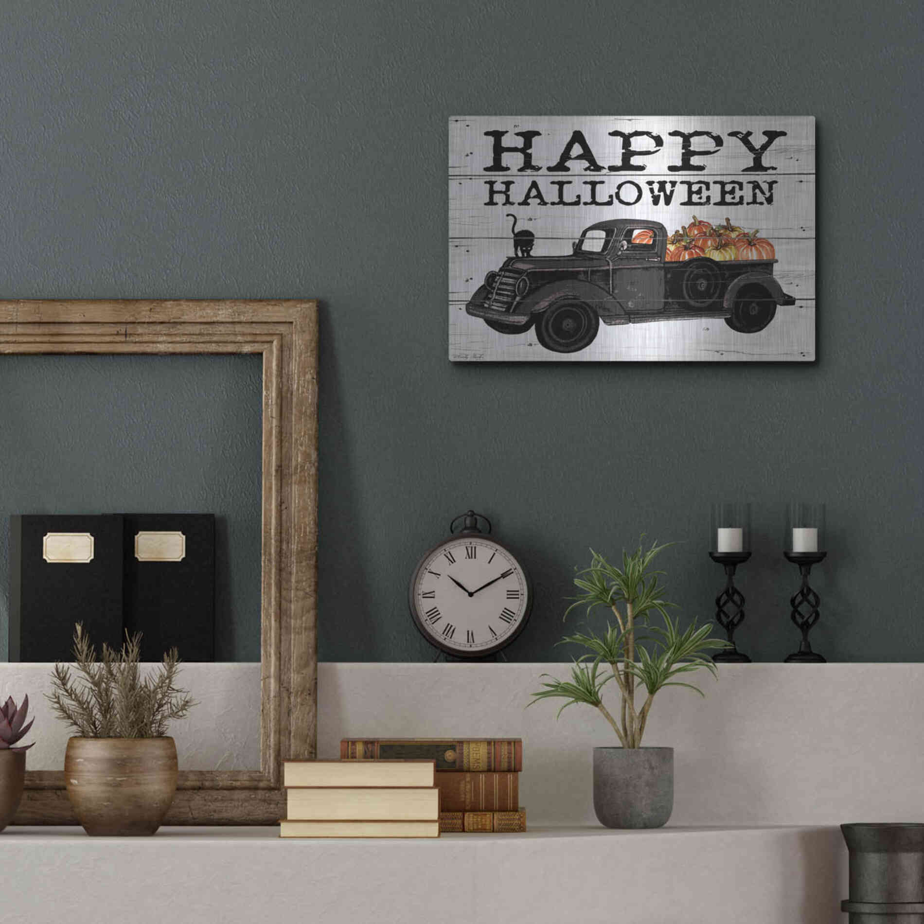 Luxe Metal Art 'Happy Halloween Black Truck' by Cindy Jacobs, Metal Wall Art,16x12