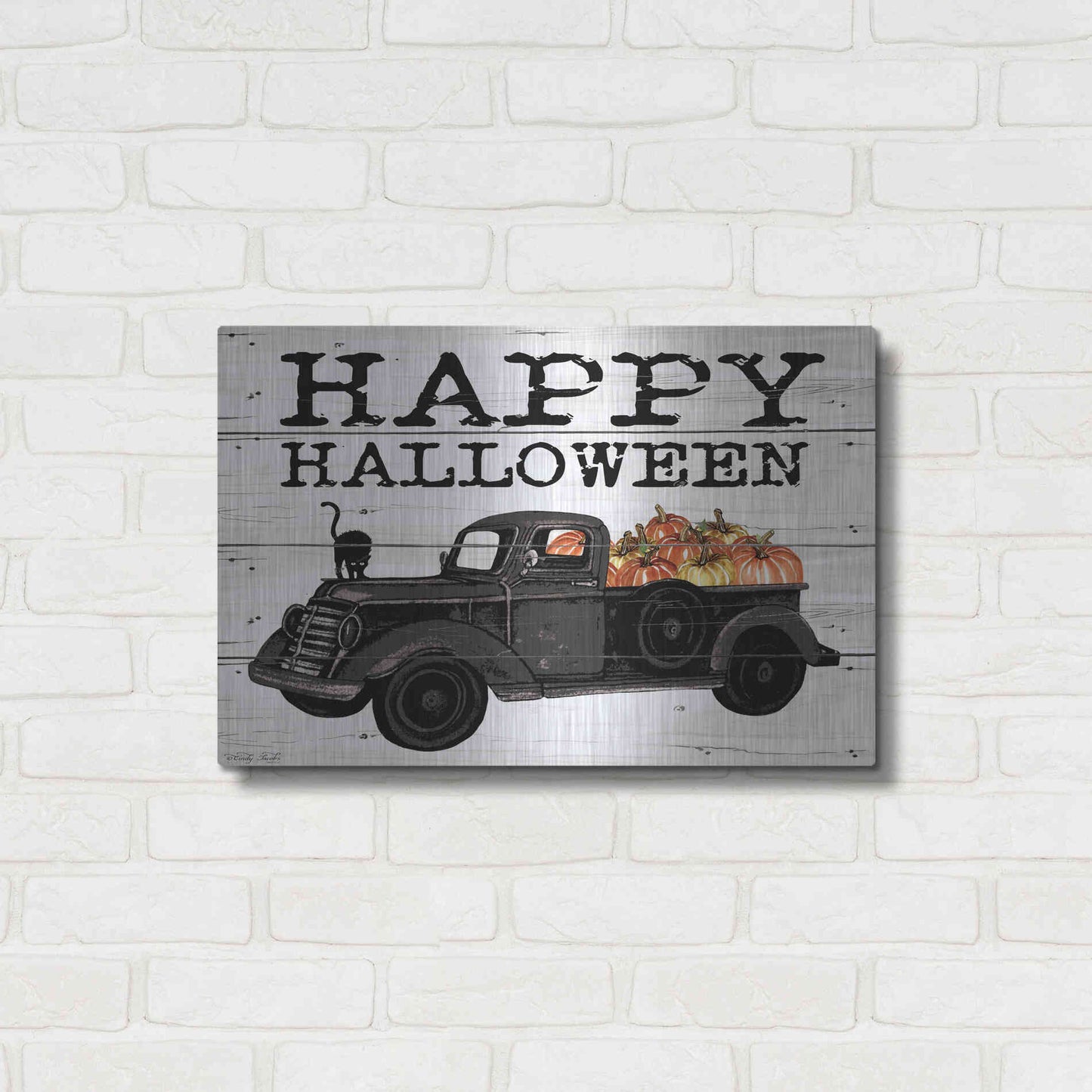 Luxe Metal Art 'Happy Halloween Black Truck' by Cindy Jacobs, Metal Wall Art,24x16