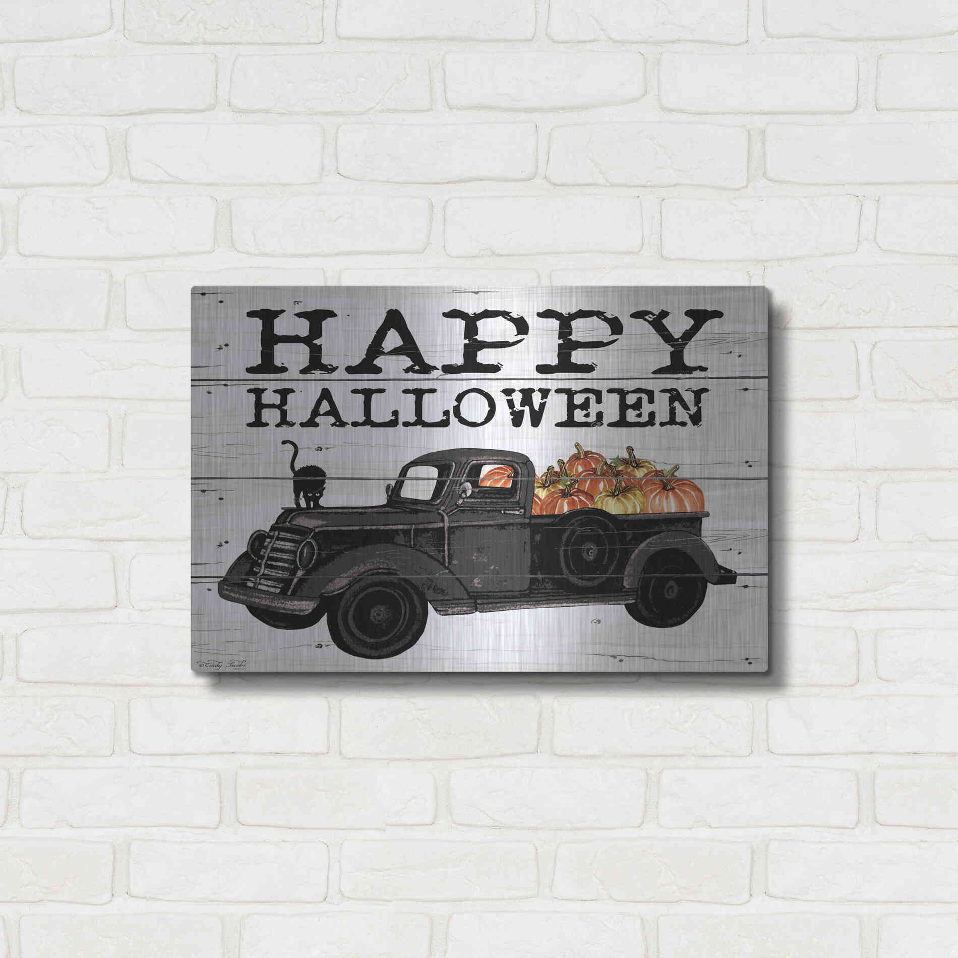 Luxe Metal Art 'Happy Halloween Black Truck' by Cindy Jacobs, Metal Wall Art,24x16