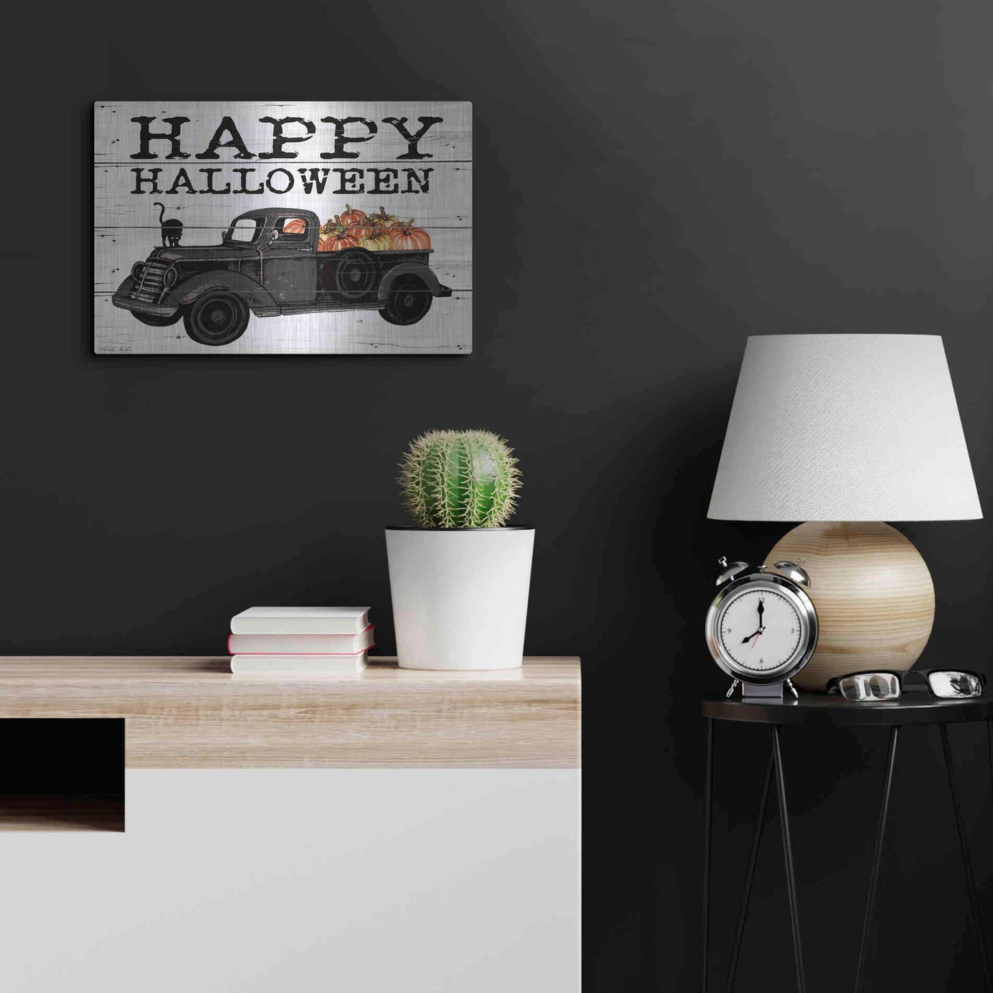 Luxe Metal Art 'Happy Halloween Black Truck' by Cindy Jacobs, Metal Wall Art,24x16